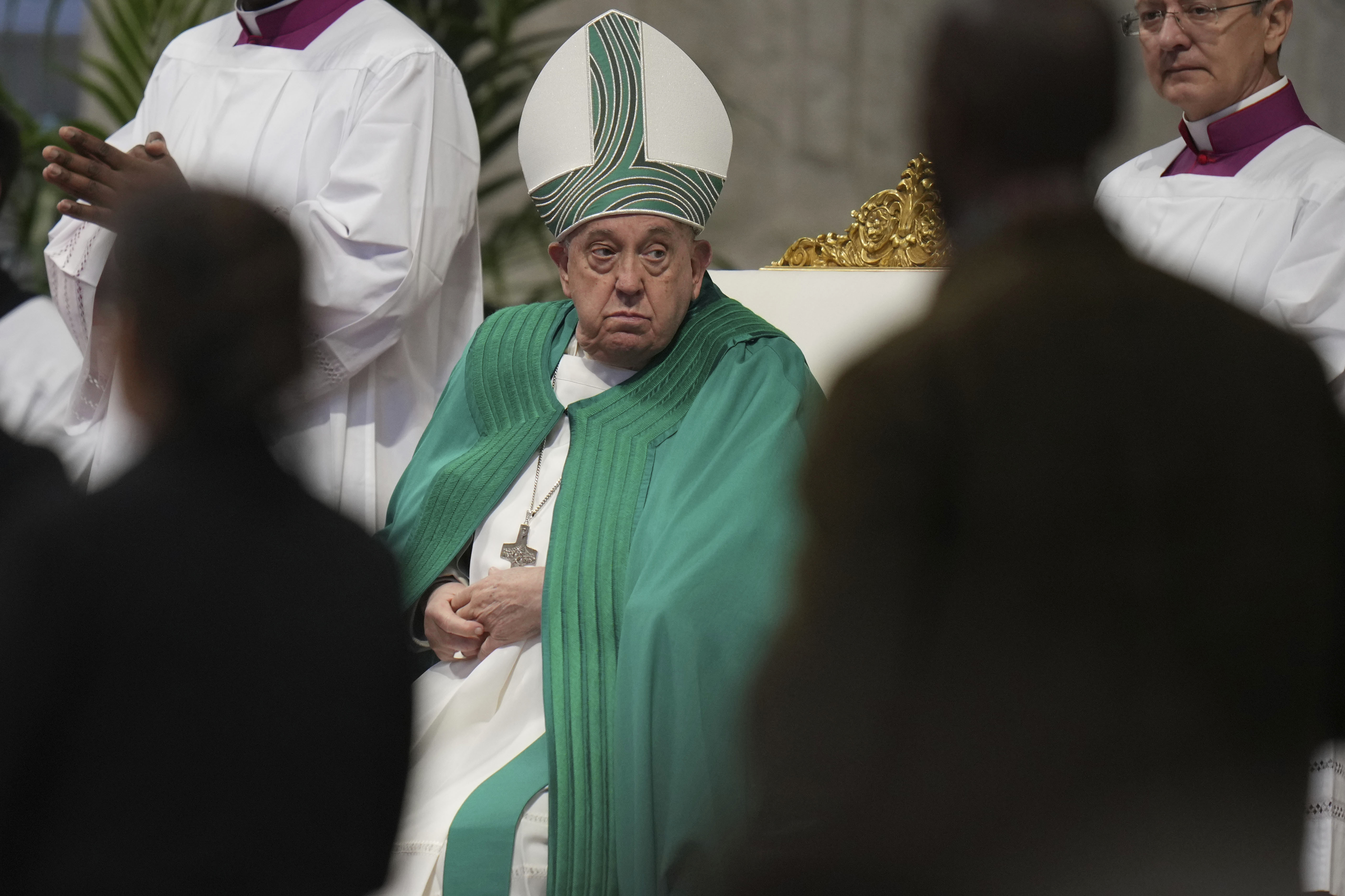 Pope Francis presides over a mass on the occasion of the World Day of the Poor in St. Peter's Basilica, at the Vatican, Sunday, Nov. 17, 2024. (AP Photo/Alessandra Tarantino)