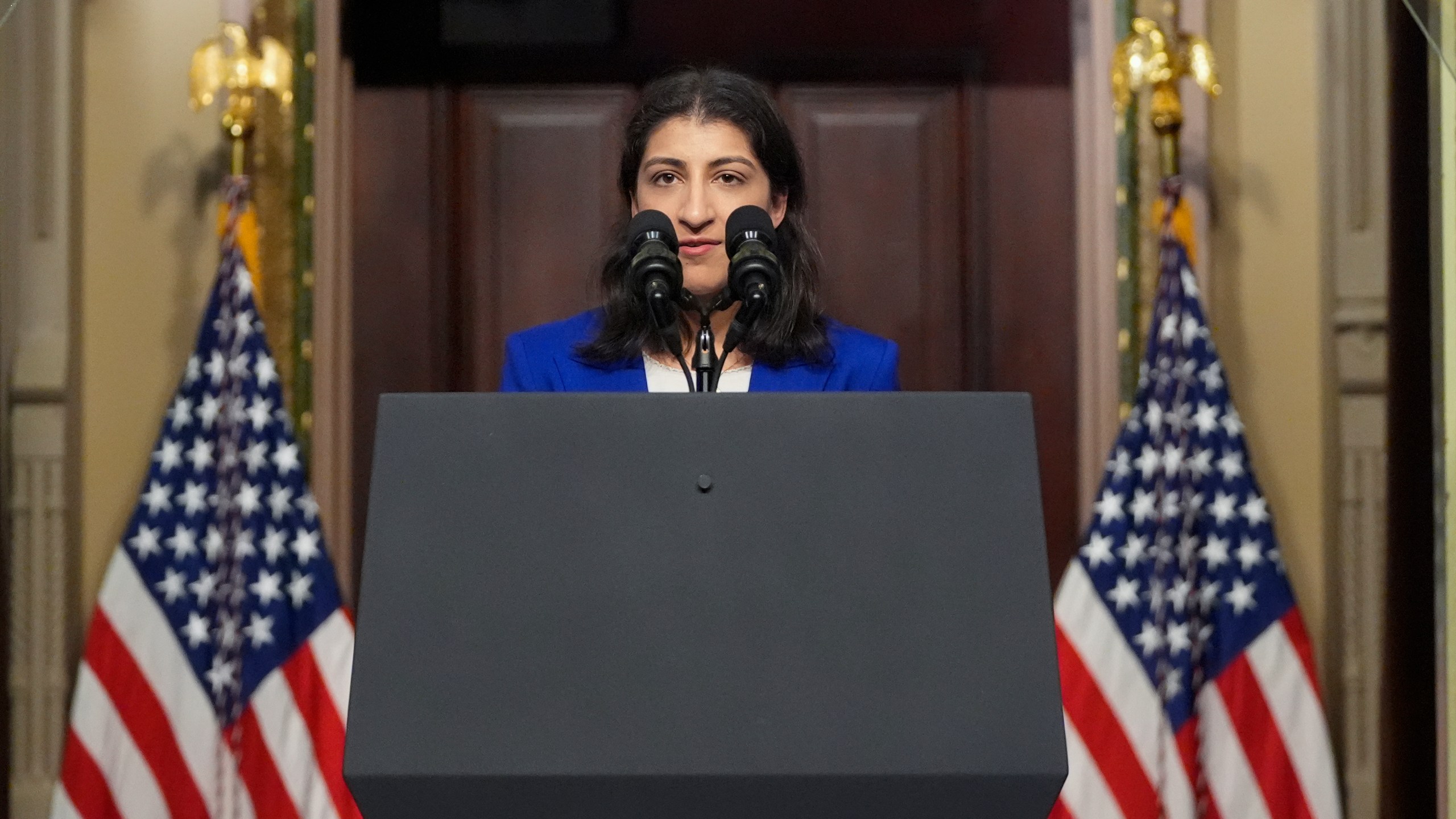 FILE - Lina Khan talks about health care costs at the Eisenhower Executive Office Building on the White House complex in Washington, April 3, 2024. (AP Photo/Mark Schiefelbein, File)