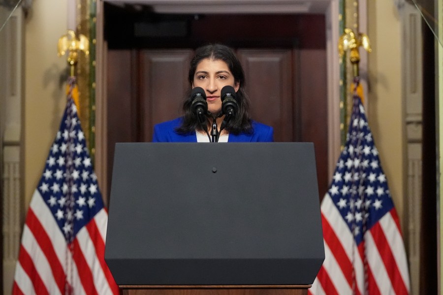 FILE - Lina Khan talks about health care costs at the Eisenhower Executive Office Building on the White House complex in Washington, April 3, 2024. (AP Photo/Mark Schiefelbein, File)