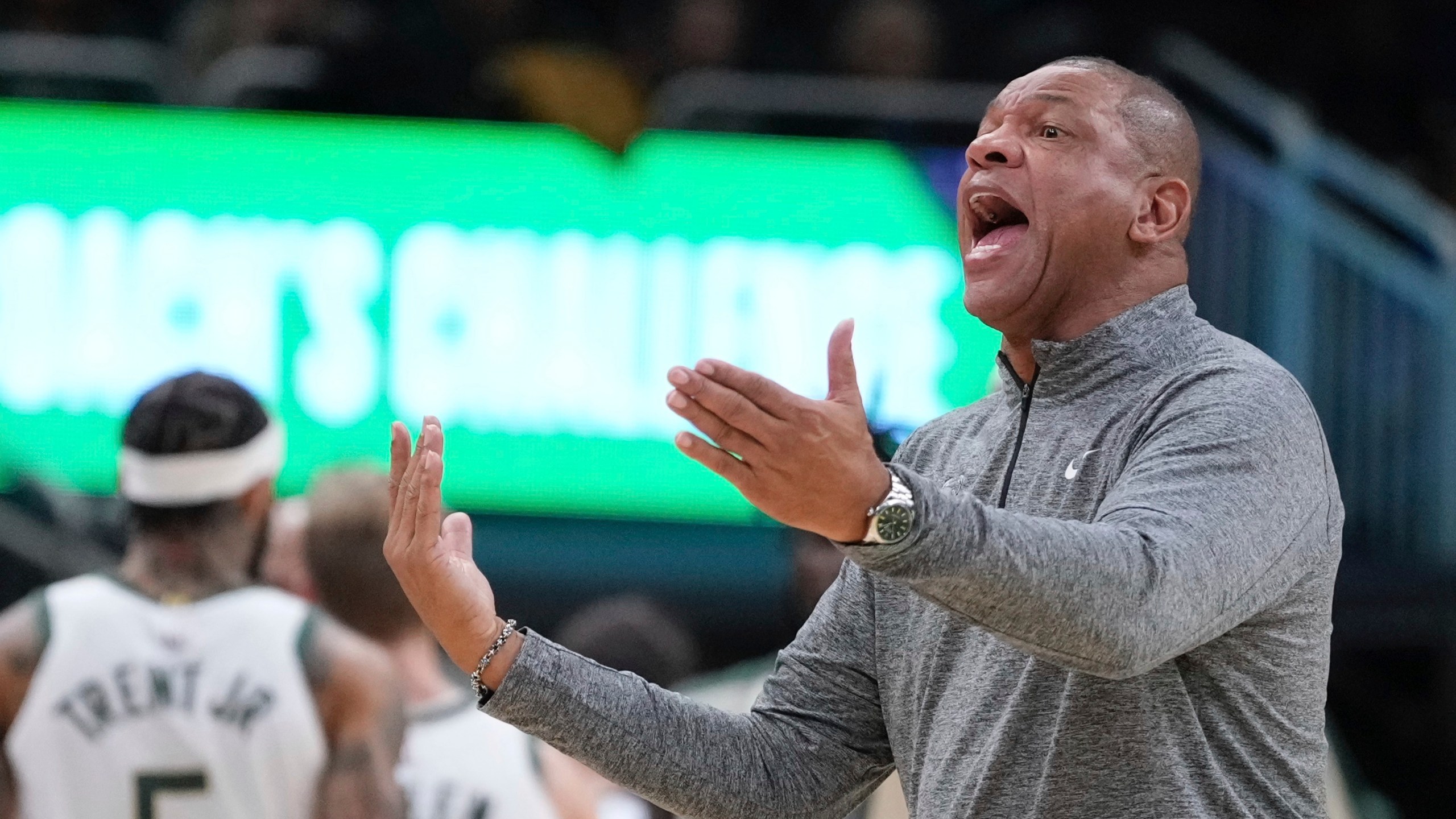 Milwaukee Bucks head coach Doc Rivers reacts to a call during the first half of an NBA basketball game Wednesday, Nov. 13, 2024, in Milwaukee. (AP Photo/Morry Gash)