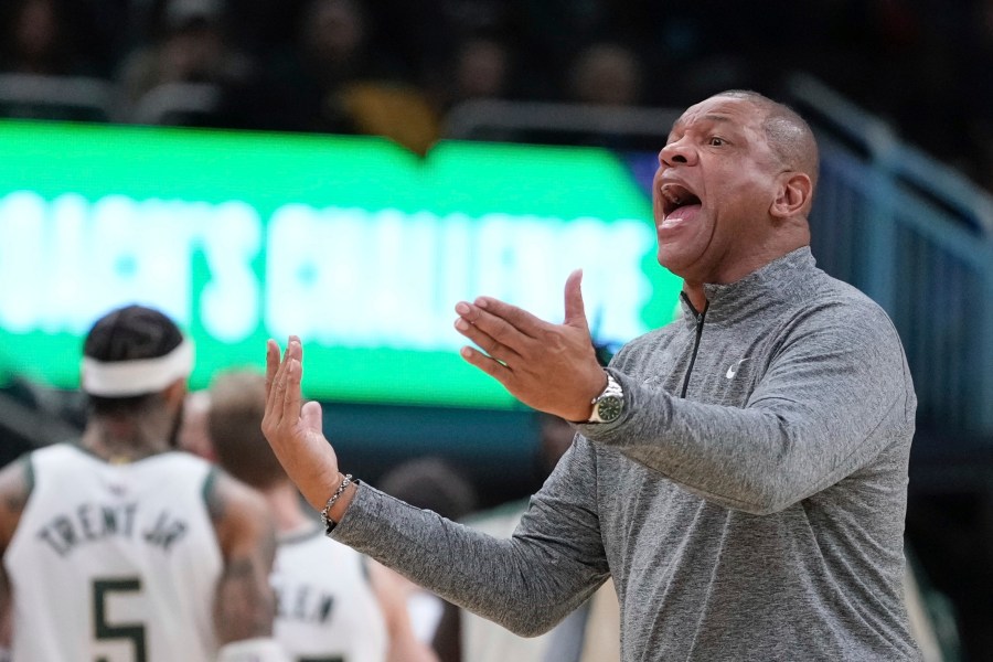 Milwaukee Bucks head coach Doc Rivers reacts to a call during the first half of an NBA basketball game Wednesday, Nov. 13, 2024, in Milwaukee. (AP Photo/Morry Gash)