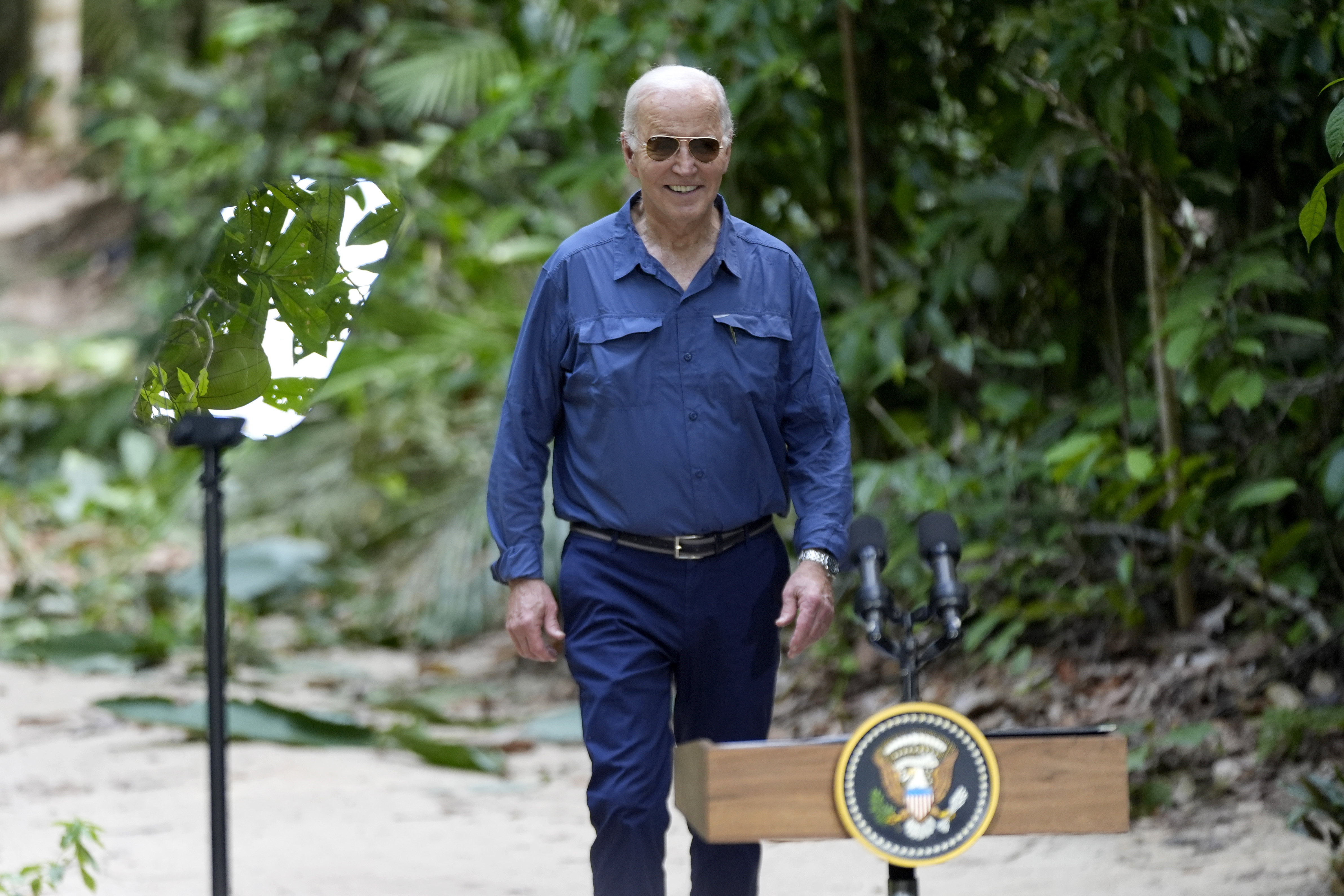 President Joe Biden walks to speak following a tour of the Museu da Amazonia, Sunday, Nov. 17, 2024, in Manaus, Brazil. (AP Photo/Manuel Balce Ceneta)