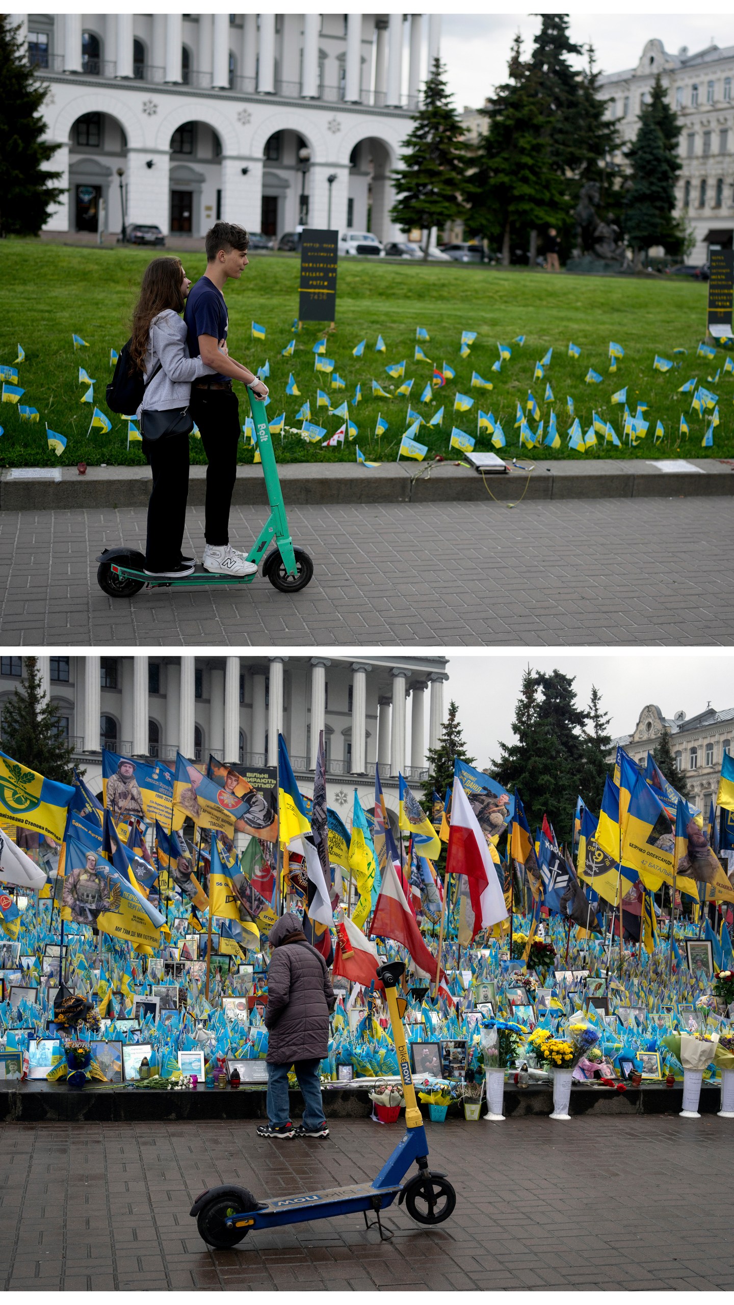 A combo of images showing at top, a couple riding a scooter in front of a handful of flags honoring fallen soldiers near Independence Square in Kyiv, Ukraine, Monday, May 23, 2022 and below a woman looking at the same memorial over two years later on Friday, Nov. 15, 2024. (AP Photo/Efrem Lukatsky, Natacha Pisarenko)