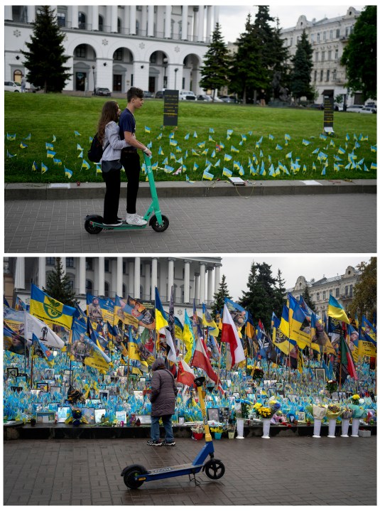 A combo of images showing at top, a couple riding a scooter in front of a handful of flags honoring fallen soldiers near Independence Square in Kyiv, Ukraine, Monday, May 23, 2022 and below a woman looking at the same memorial over two years later on Friday, Nov. 15, 2024. (AP Photo/Efrem Lukatsky, Natacha Pisarenko)