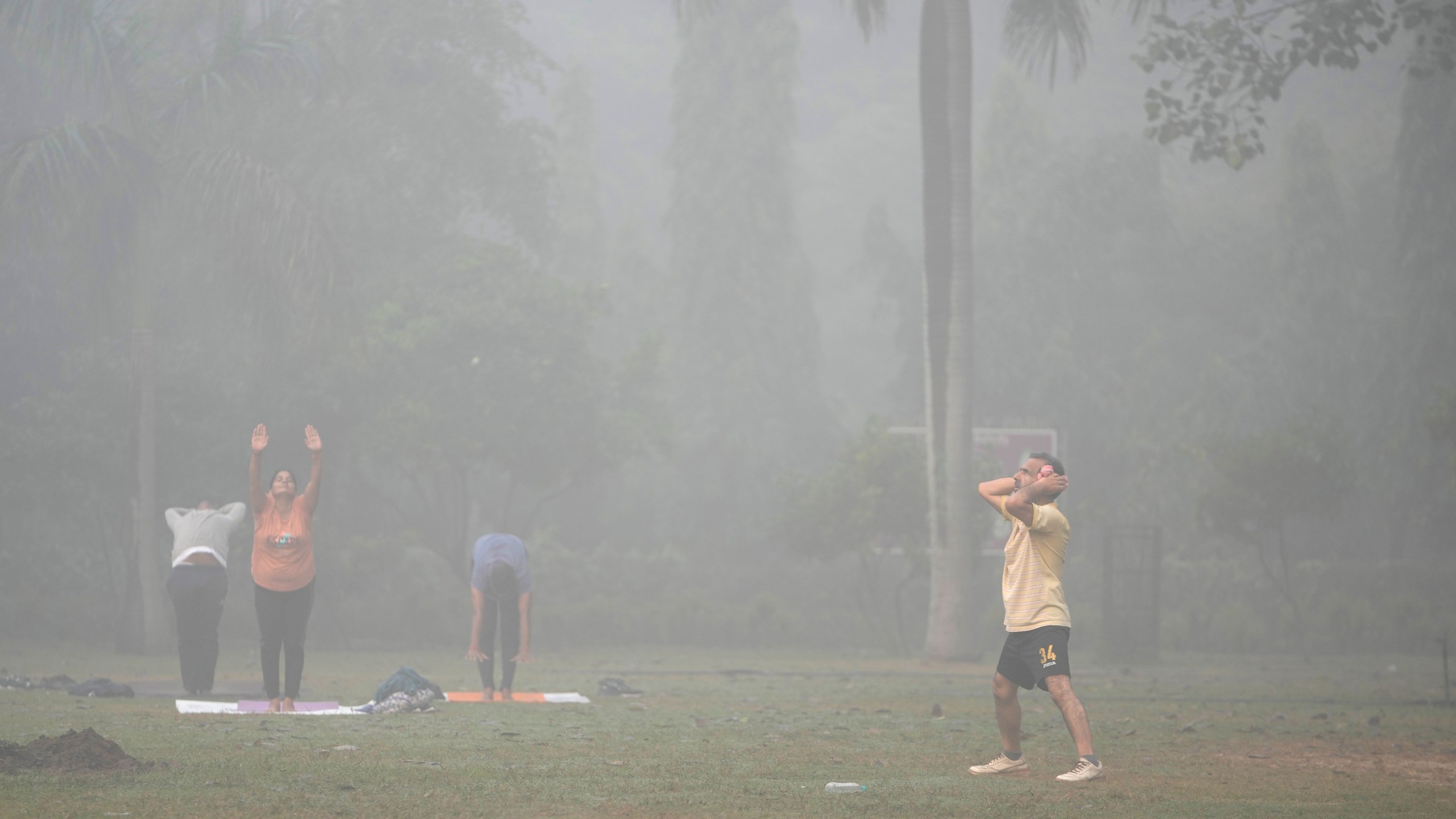 Bashir Ahmad Mir performs morning exercises surrounded by smog in Lodhi Gardens in New Delhi, India, Friday, Nov. 15, 2024. (AP Photo/Manish Swarup)