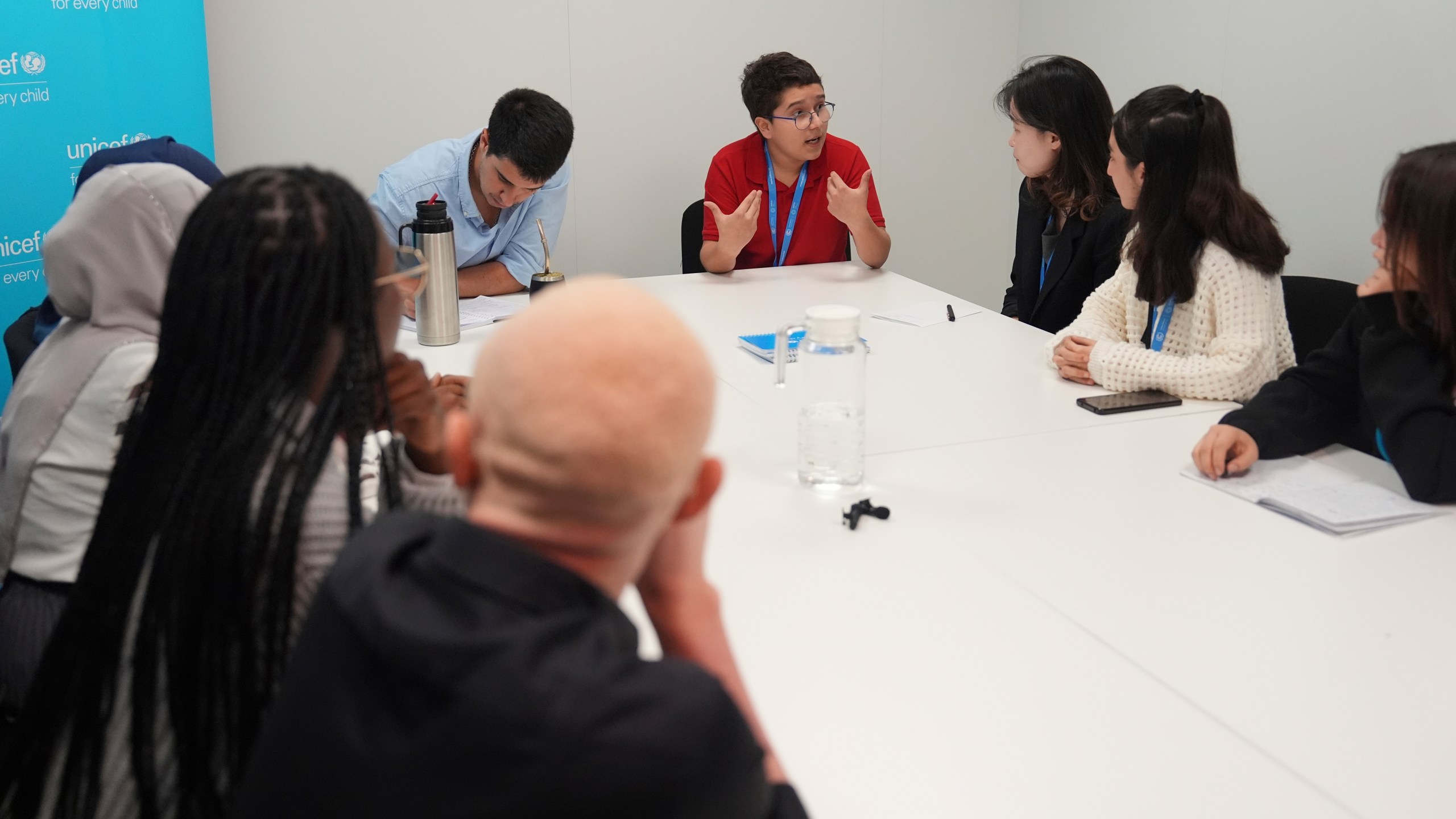 Francisco Vera Manzanares, 15, a climate activist from Colombia, speaks with other youth activists during a forum with young activists, Tuesday, Nov. 12, 2024, at the COP29 U.N. Climate Summit in Baku, Azerbaijan. (AP Photo/Joshua A. Bickel)