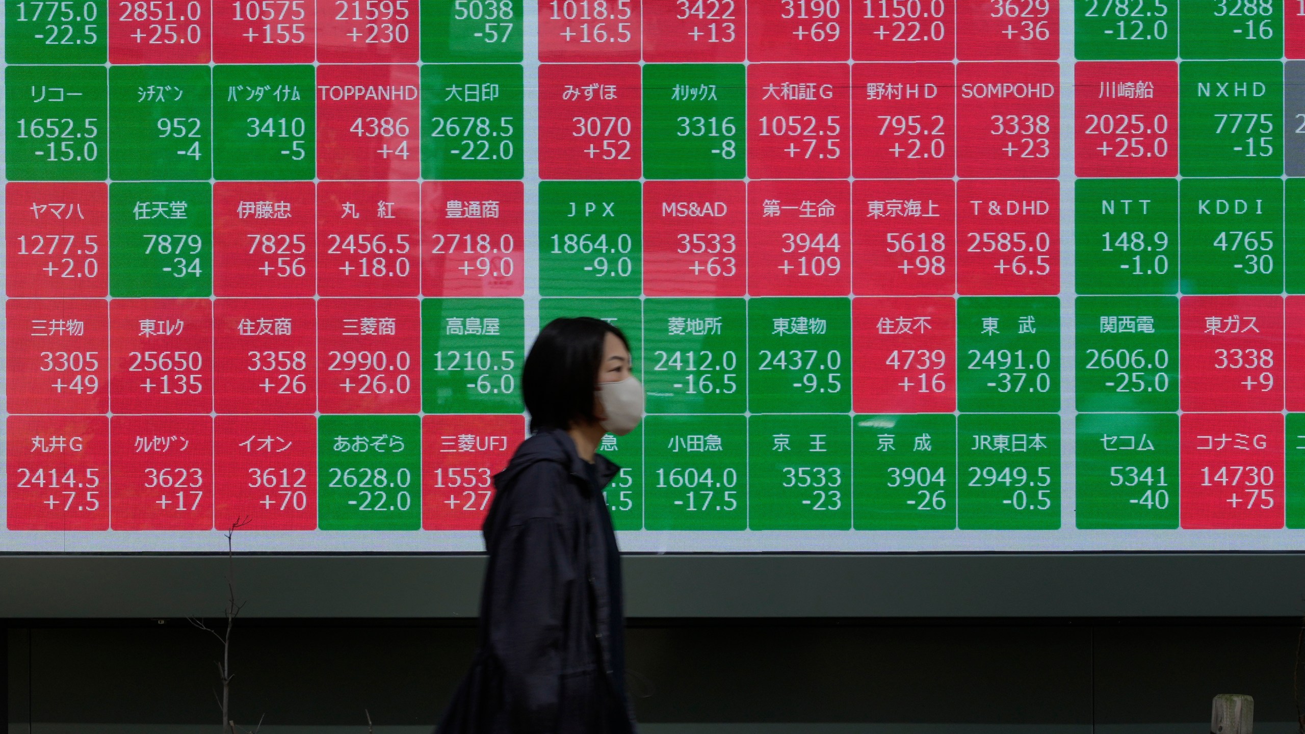 FILE - A passerby moves past an electronic stock board showing Japan's stock prices outside a securities firm in Tokyo, on Oct. 11, 2024. (AP Photo/Shuji Kajiyama, File)