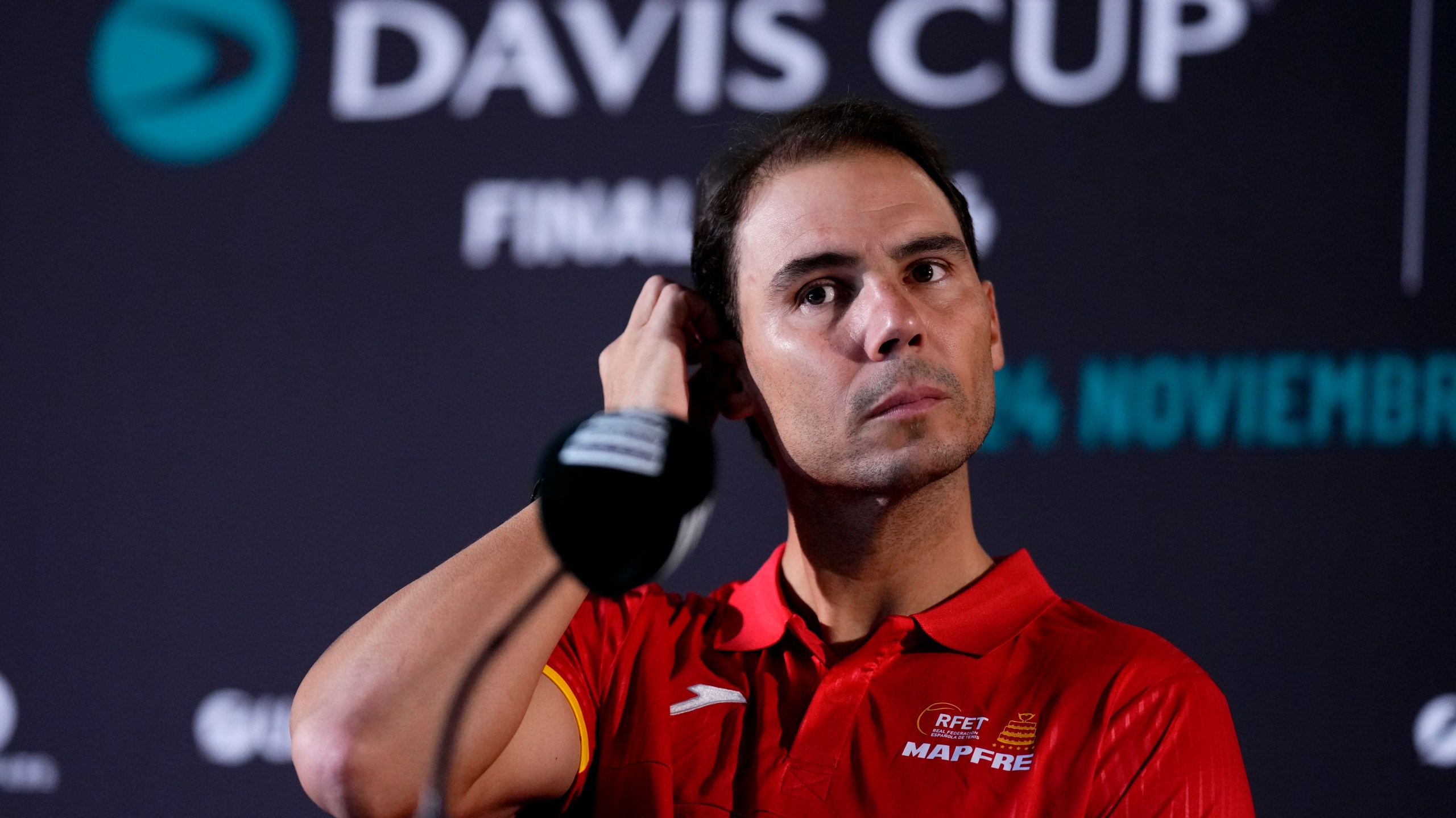 Spain's tennis player Rafael Nadal attends a press conference in Fuengirola, southern Spain, on Monday, Nov. 18, 2024. (AP Photo/Manu Fernandez)