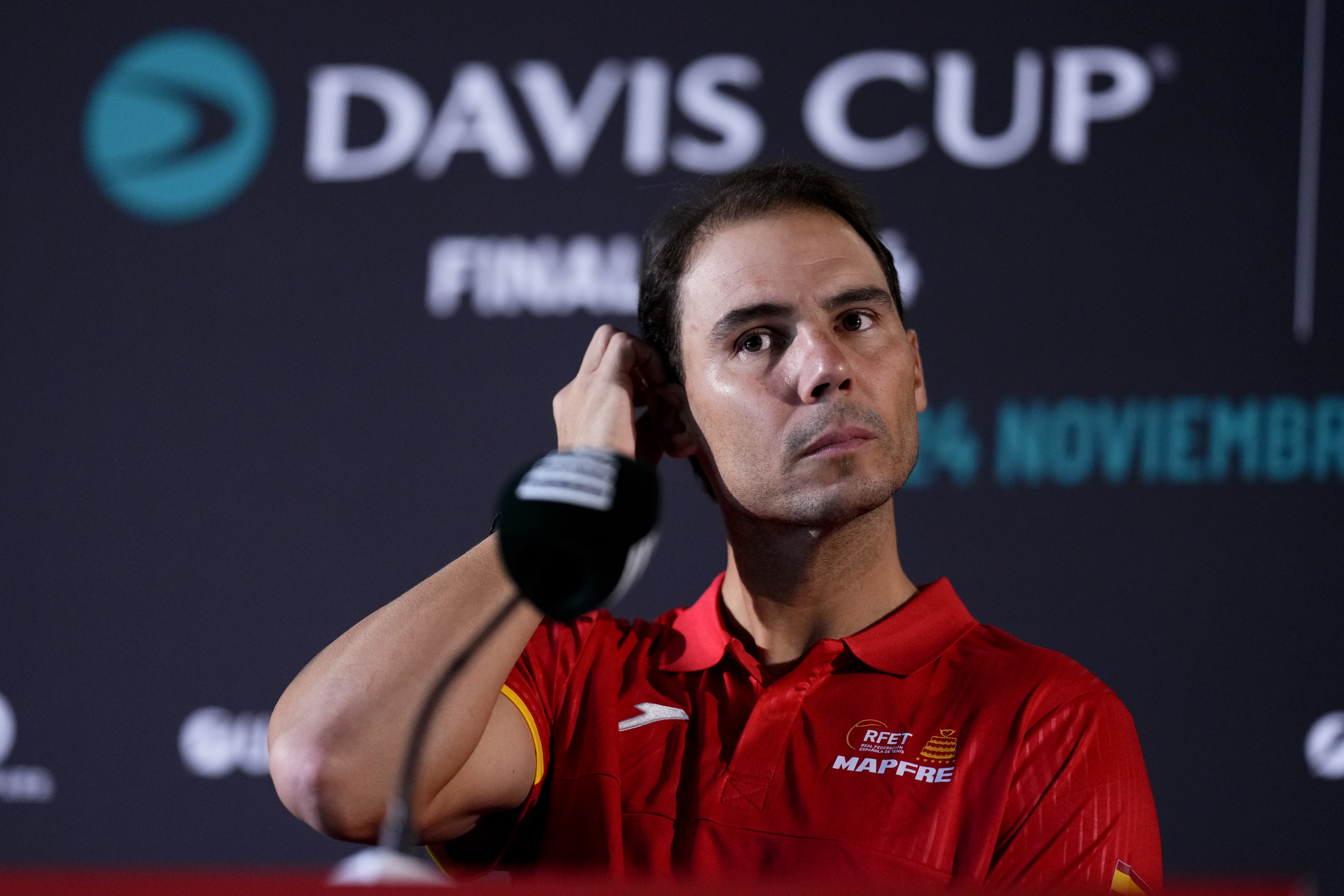 Spain's tennis player Rafael Nadal attends a press conference in Fuengirola, southern Spain, on Monday, Nov. 18, 2024. (AP Photo/Manu Fernandez)