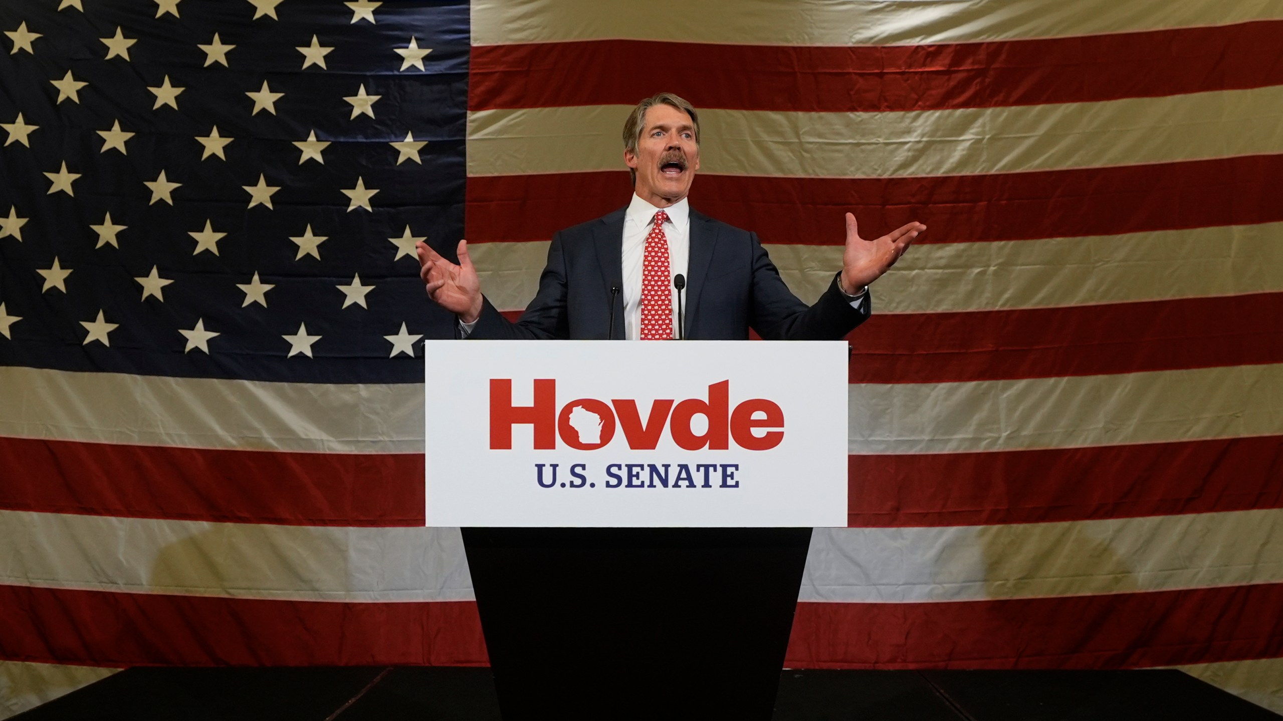 Republican Senate candidate Eric Hovde speaks at his election night party Wednesday, Nov. 6, 2024, in Madison, Wis. (AP Photo/Morry Gash)