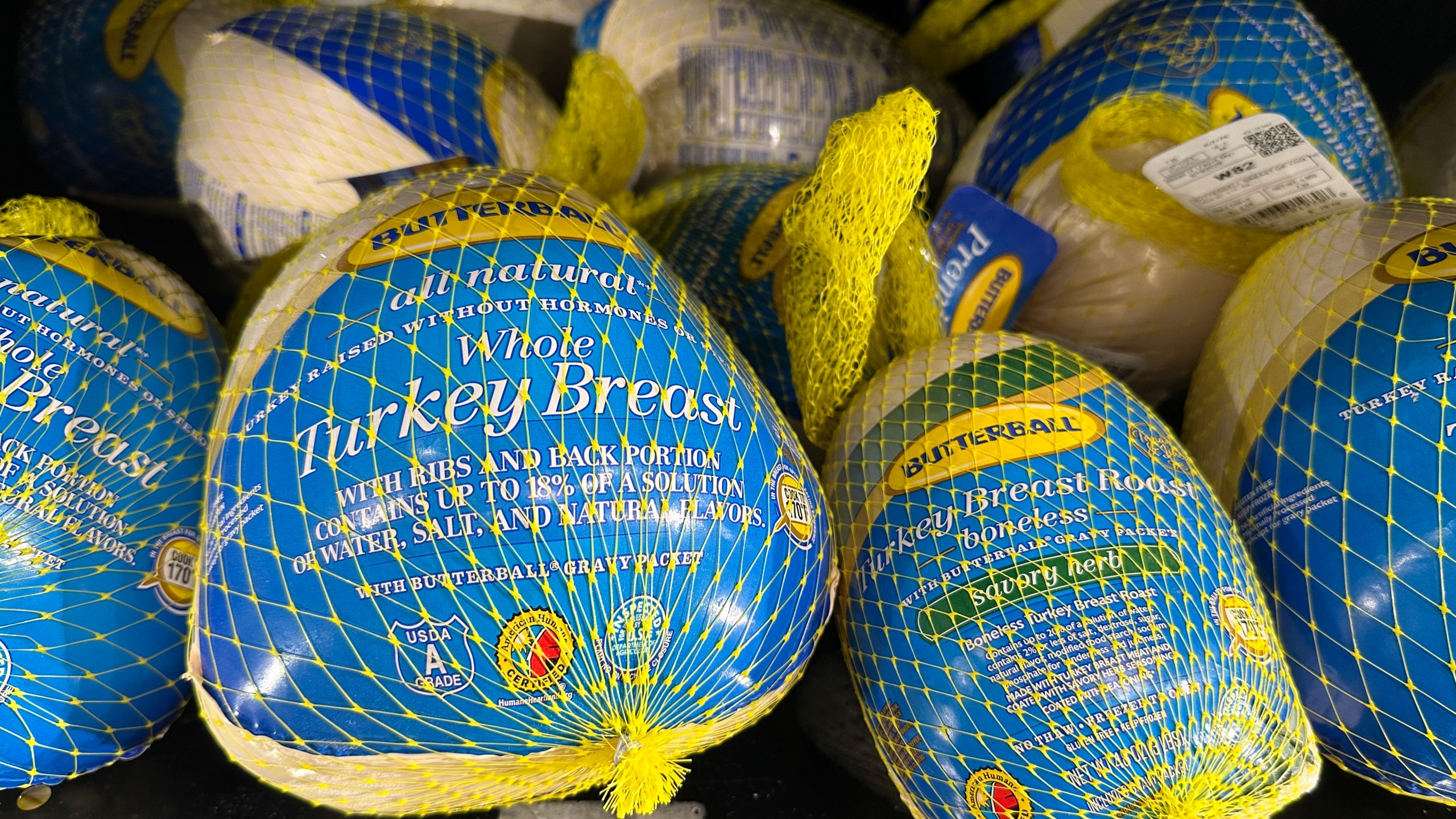 Frozen whole turkey breast is displayed at a Walmart store in Milford, Conn., on Saturday, Nov. 16, 2024. (AP Photo/Peter Morgan)