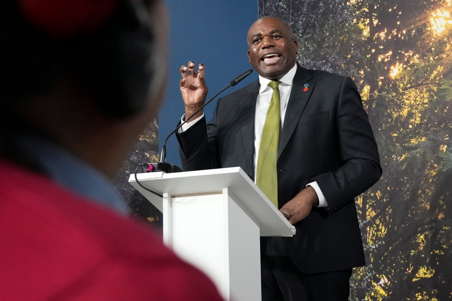 Britain's Foreign Secretary David Lammy speaks at a panel on funding for Indigenous Peoples at the COP29 U.N. Climate Summit, Tuesday, Nov. 12, 2024, in Baku, Azerbaijan. (AP Photo/Sergei Grits)