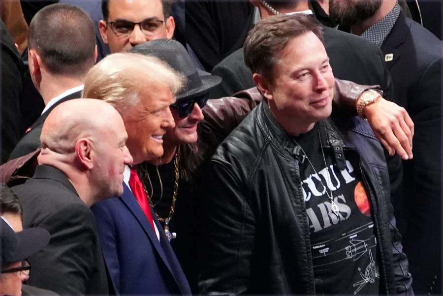 President-elect Donald Trump poses for a photo with Dana White, Kid Rock and Elon Musk at UFC 309 at Madison Square Garden, Saturday, Nov. 16, 2024, in New York. (AP Photo/Evan Vucci)