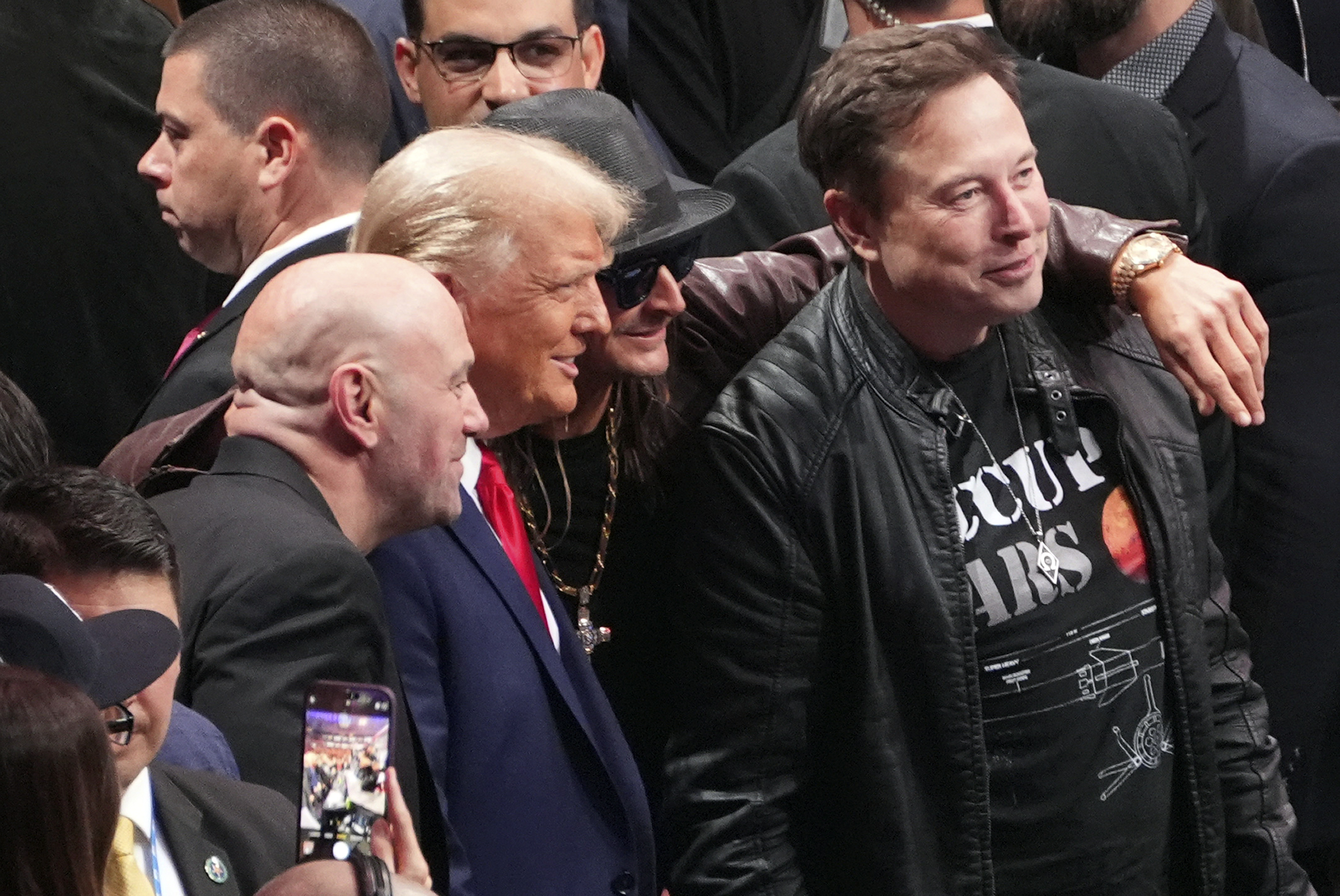 President-elect Donald Trump poses for a photo with Dana White, Kid Rock and Elon Musk at UFC 309 at Madison Square Garden, Saturday, Nov. 16, 2024, in New York. (AP Photo/Evan Vucci)