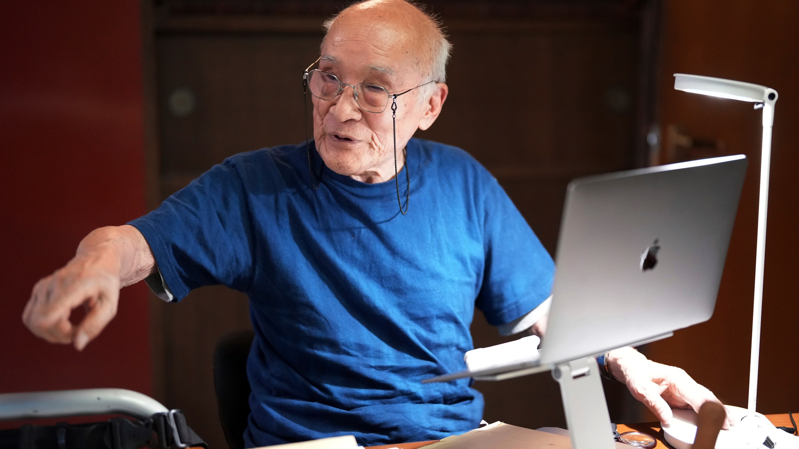 FILE - Shuntaro Tanikawa, a Japanese poet and translator, speaks during an interview with The Associated Press in Tokyo, on May 25, 2022. (AP Photo/Eugene Hoshiko, File)