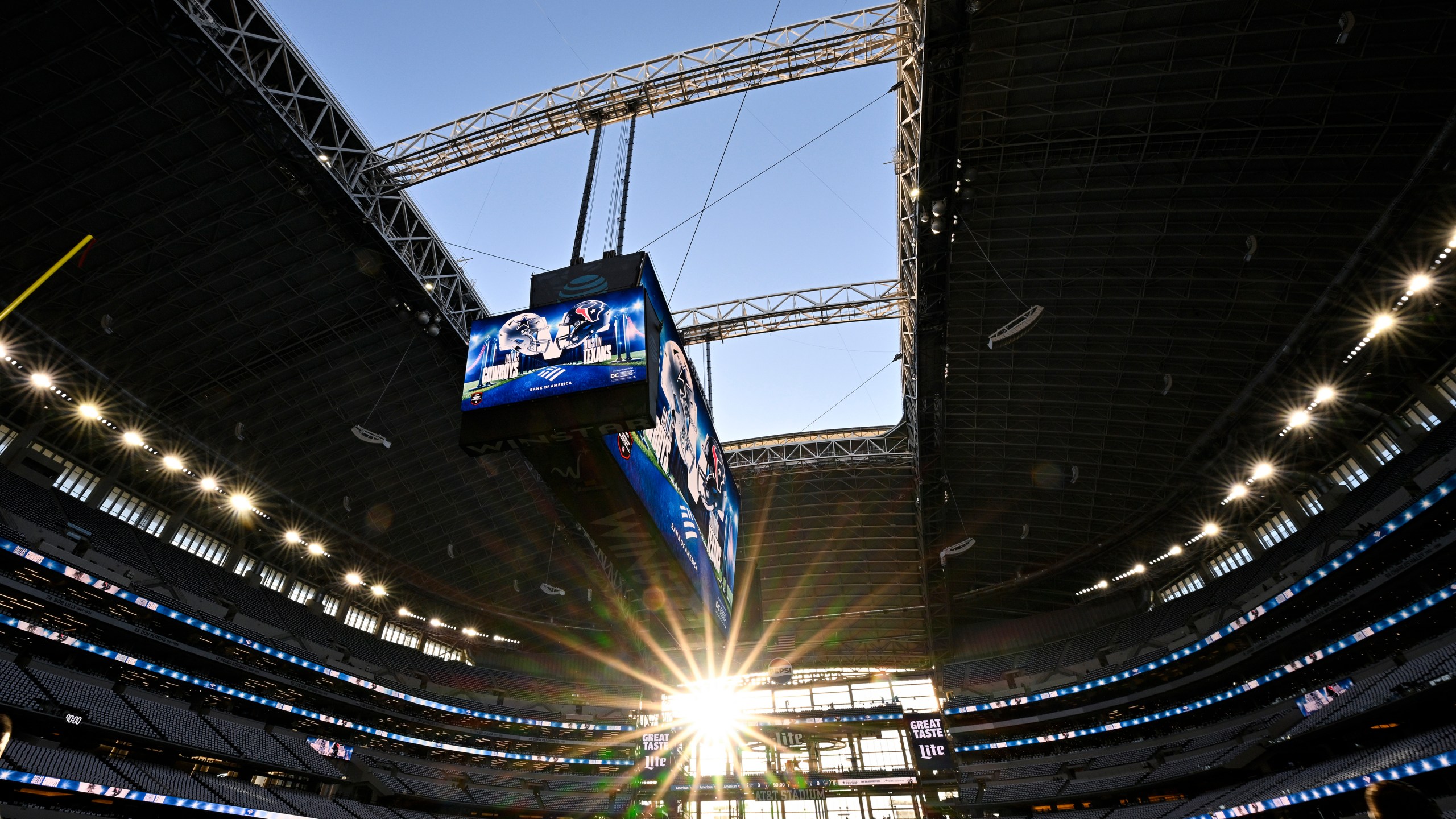 The roof is seen open at AT&T Stadium prior to an NFL football game between the Dallas Cowboys and the Houston Texans, Monday, Nov. 18, 2024, in Arlington. (AP Photo/Jerome Miron)