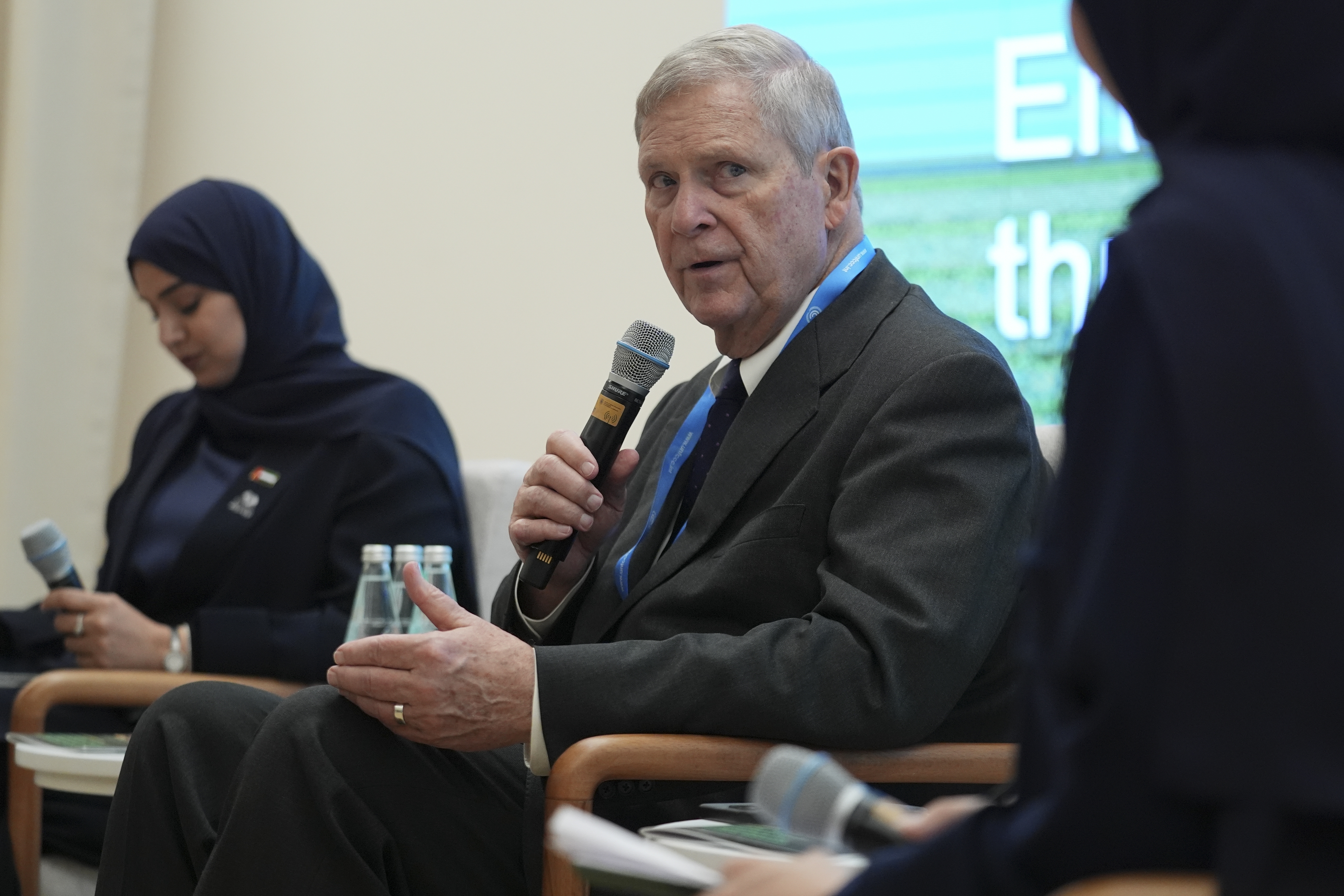 Agriculture Secretary Tom Vilsack, center, speaks during a session at the COP29 U.N. Climate Summit, Monday, Nov. 18, 2024, in Baku, Azerbaijan. (AP Photo/Joshua A. Bickel)