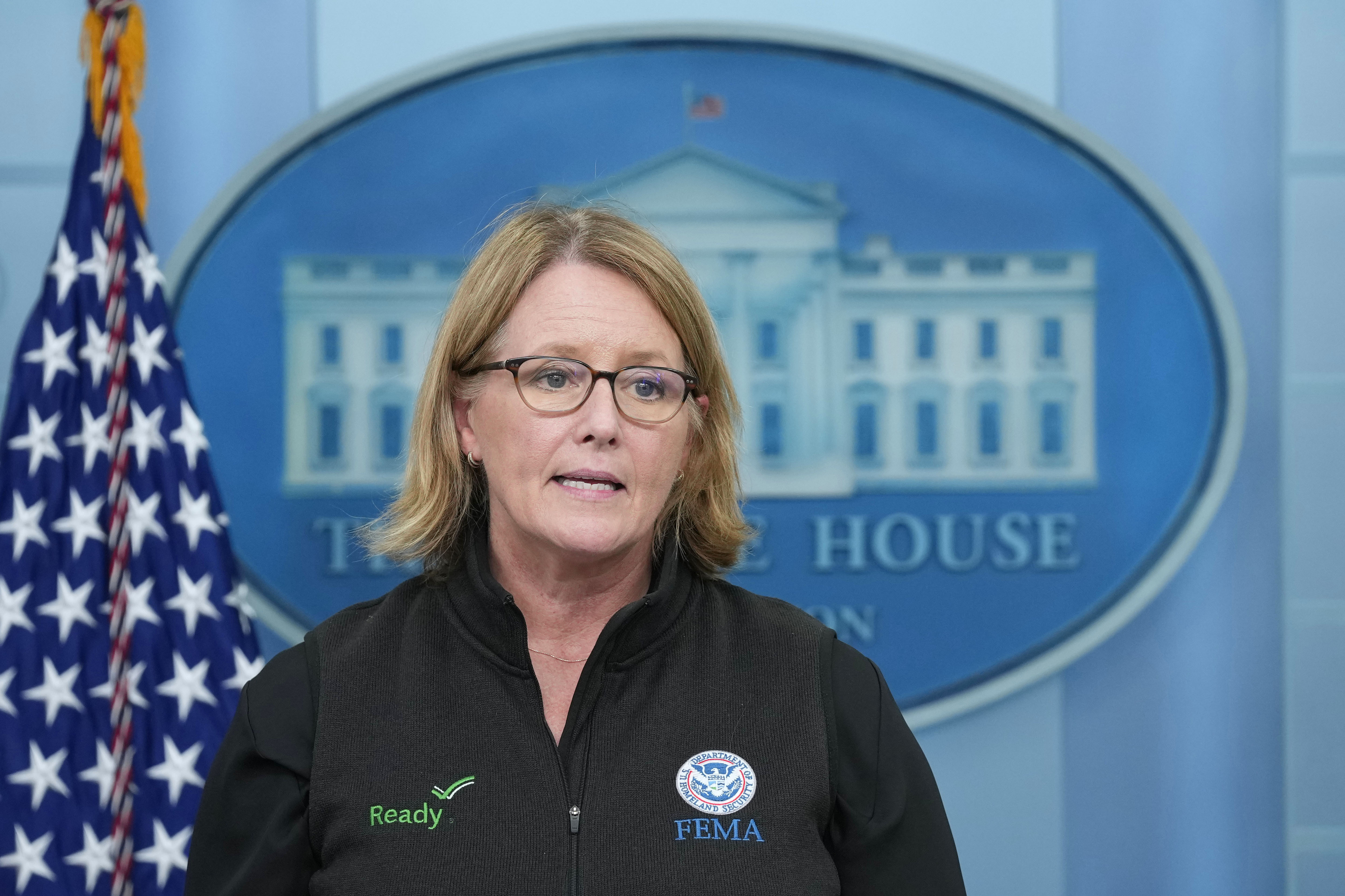 FILE - Federal Emergency Management Agency administrator Deanne Criswell speaks during the daily briefing at the White House in Washington, Aug. 30, 2023. (AP Photo/Susan Walsh, File)