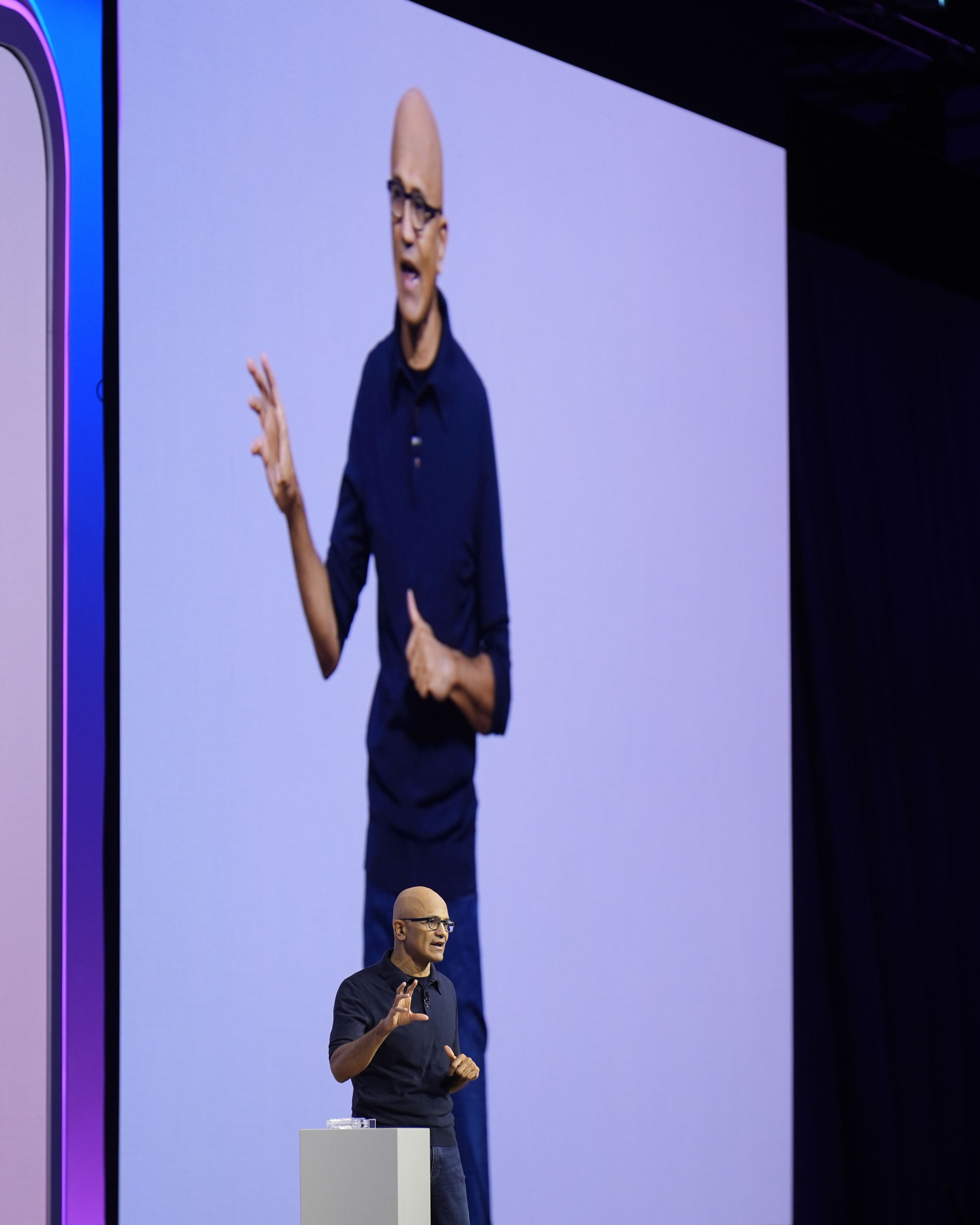 Microsoft CEO Satya Nadella speaks at the Microsoft Ignite conference Tuesday, Nov. 19, 2024, in Chicago. (AP Photo/Charles Rex Arbogast)