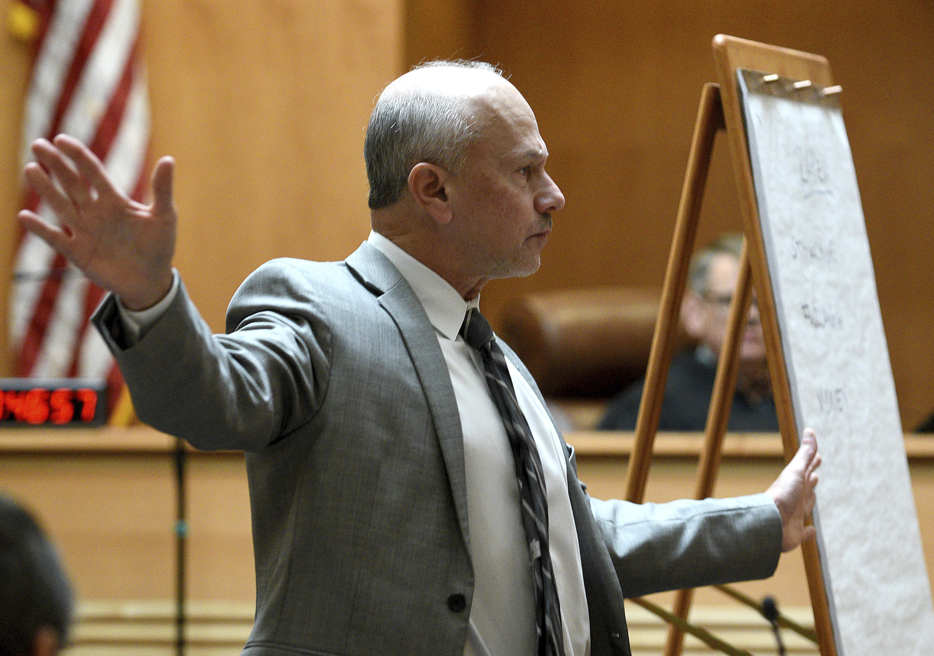 Defense attorney David Rothstein, representing defendant Bradley Asbury who is accused of holding down a teenage boy so colleagues could rape him at a New Hampshire youth center in the 1990s, makes his opening statement in Asbury's trial at Hillsborough County Superior Court in Manchester, N.H.,, Tuesday, Nov. 19, 2024. (David Lane/Union Leader via AP, Pool)