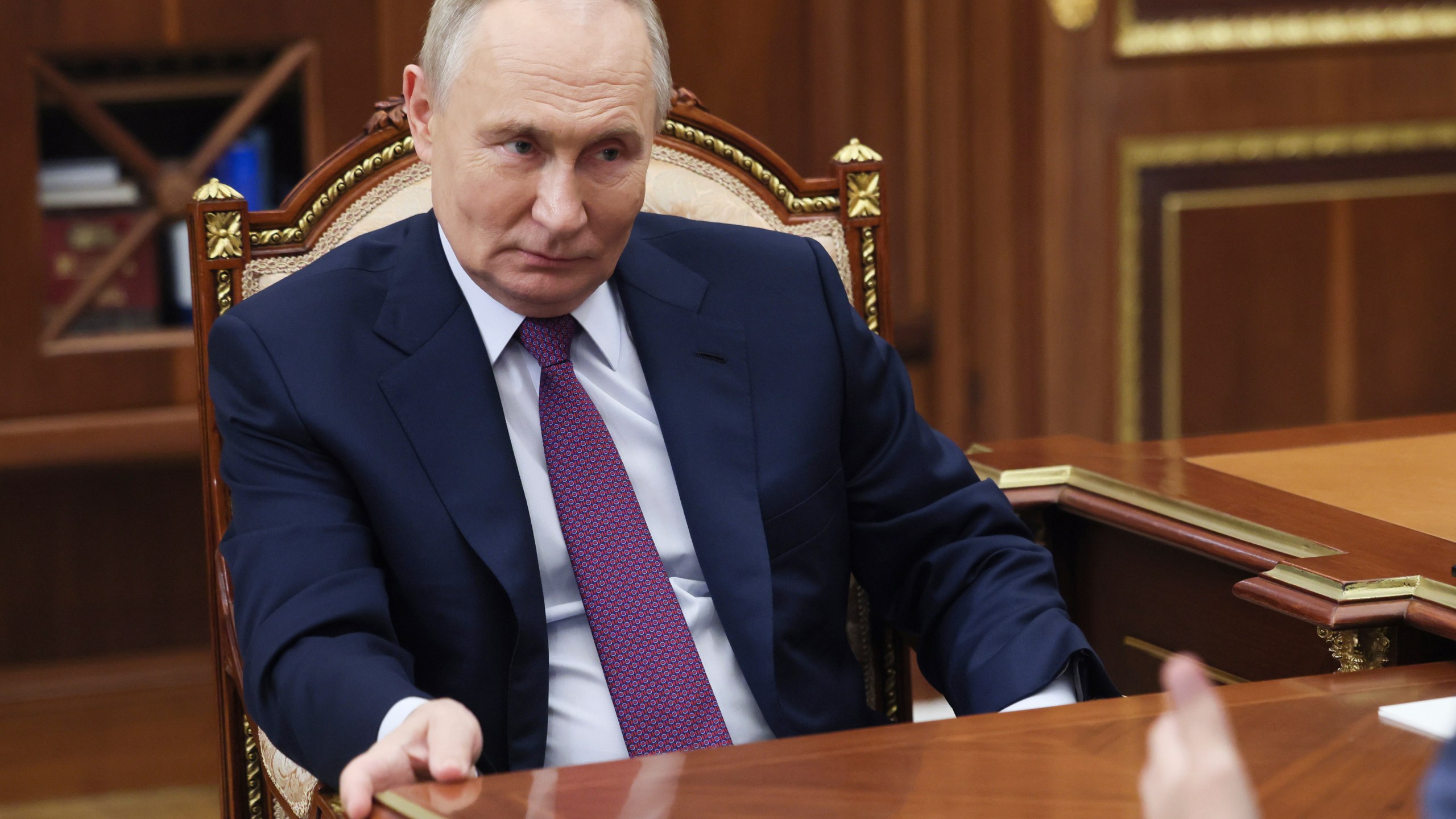 Russian President Vladimir Putin attends a meeting with New People party's leader Alexey Nechaev in Moscow, Russia, Tuesday, Nov. 19, 2024. (Vyacheslav Prokofyev, Sputnik, Kremlin Pool Photo via AP)