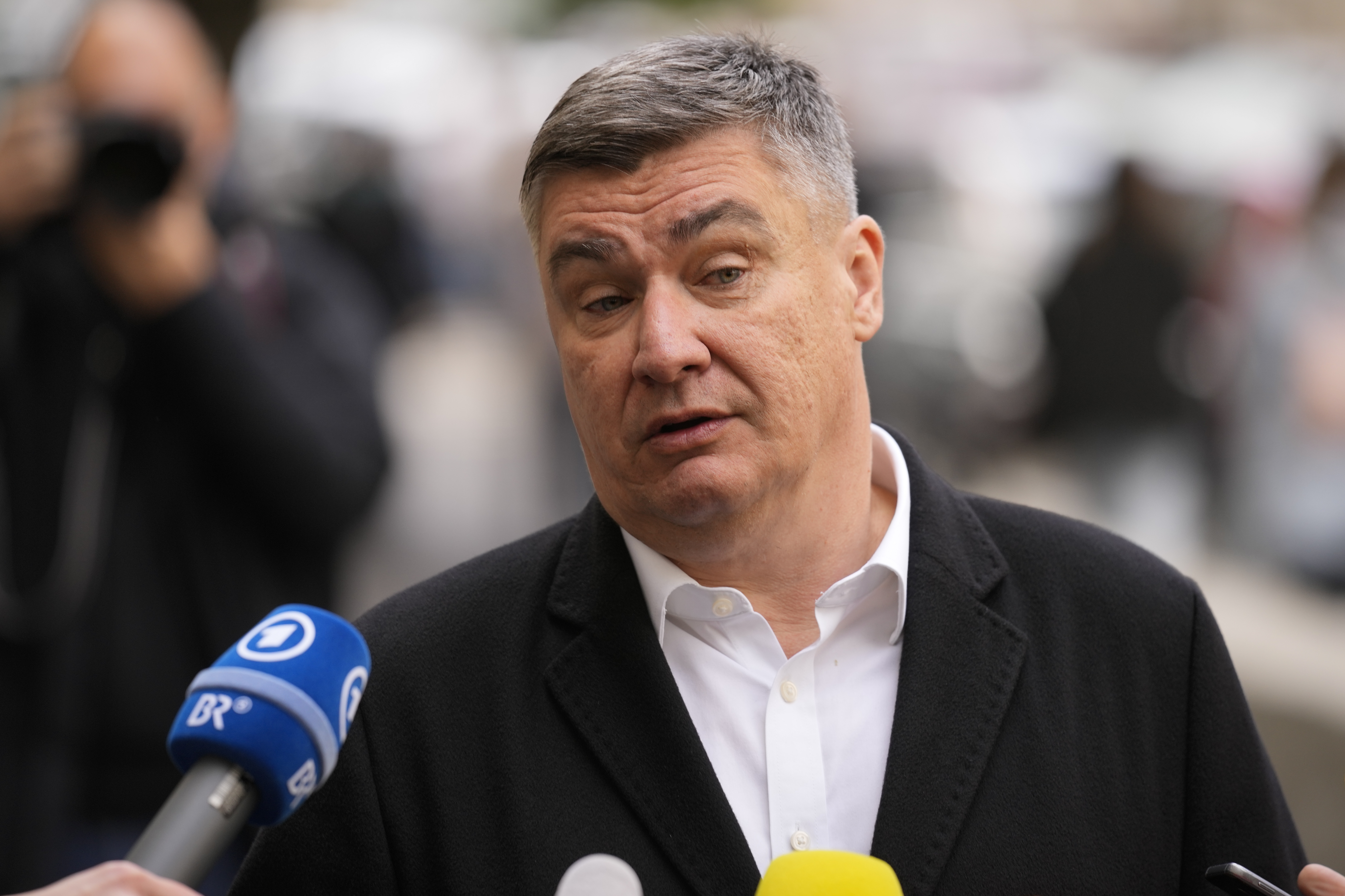 FILE - Croatia's President Zoran Milanovic addresses the media outside a polling station after casting his vote in Zagreb, Croatia, April 17, 2024. (AP Photo/Darko Bandic, File)