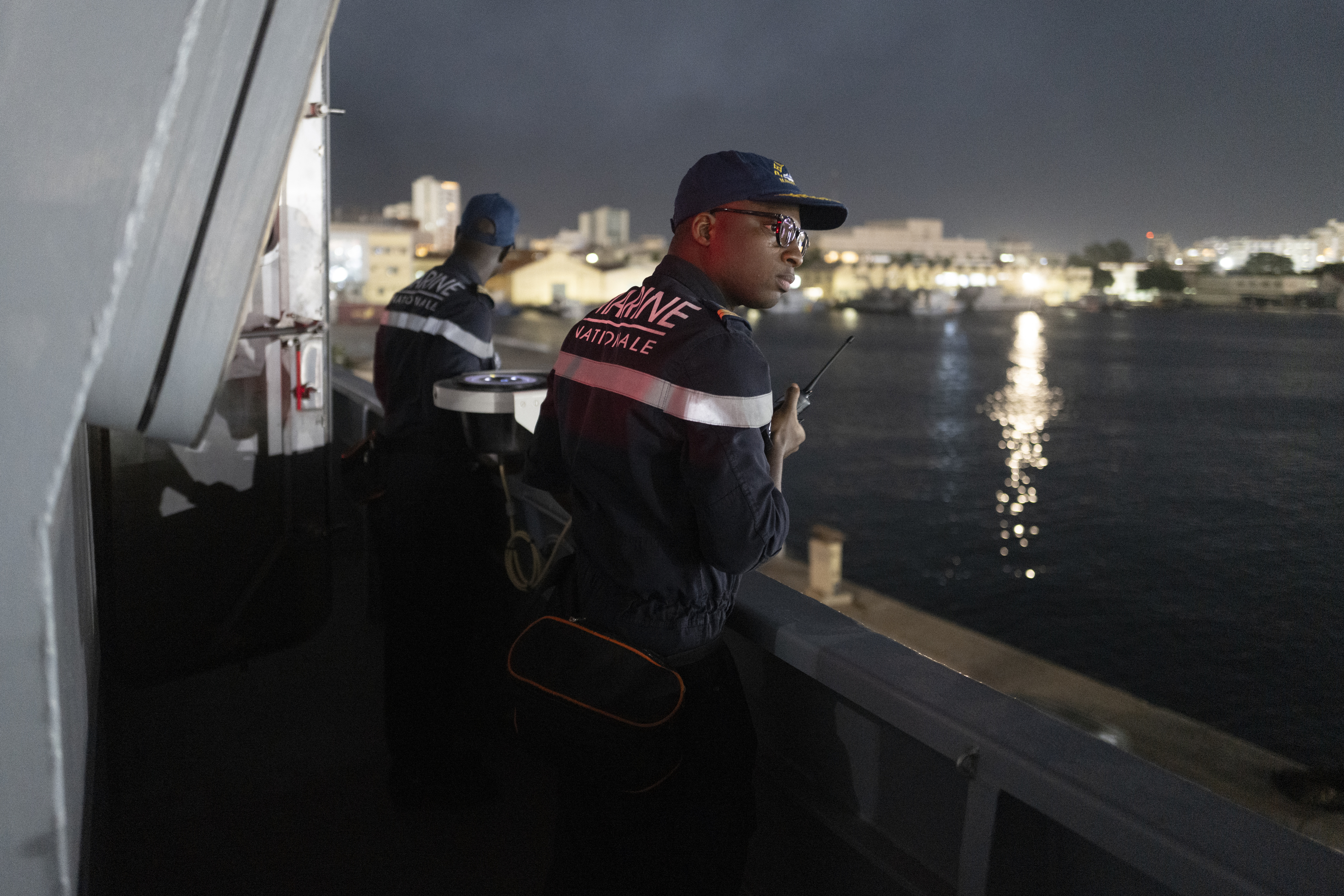 Senegalese sailors on the patrol vessel Niani attend a mission to search for migrant boats near the coast of Dakar, Senegal, Saturday, Nov.16, 2024. (AP Photo/Sylvain Cherkaoui)