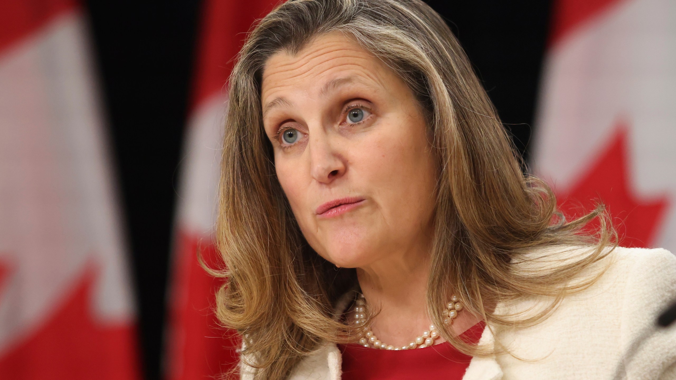 Minister of Finance and Deputy Prime Minister Chrystia Freeland speaks at a press conference in Ottawa on Tuesday, Nov. 19, 2024. (Patrick Doyle/The Canadian Press via AP)