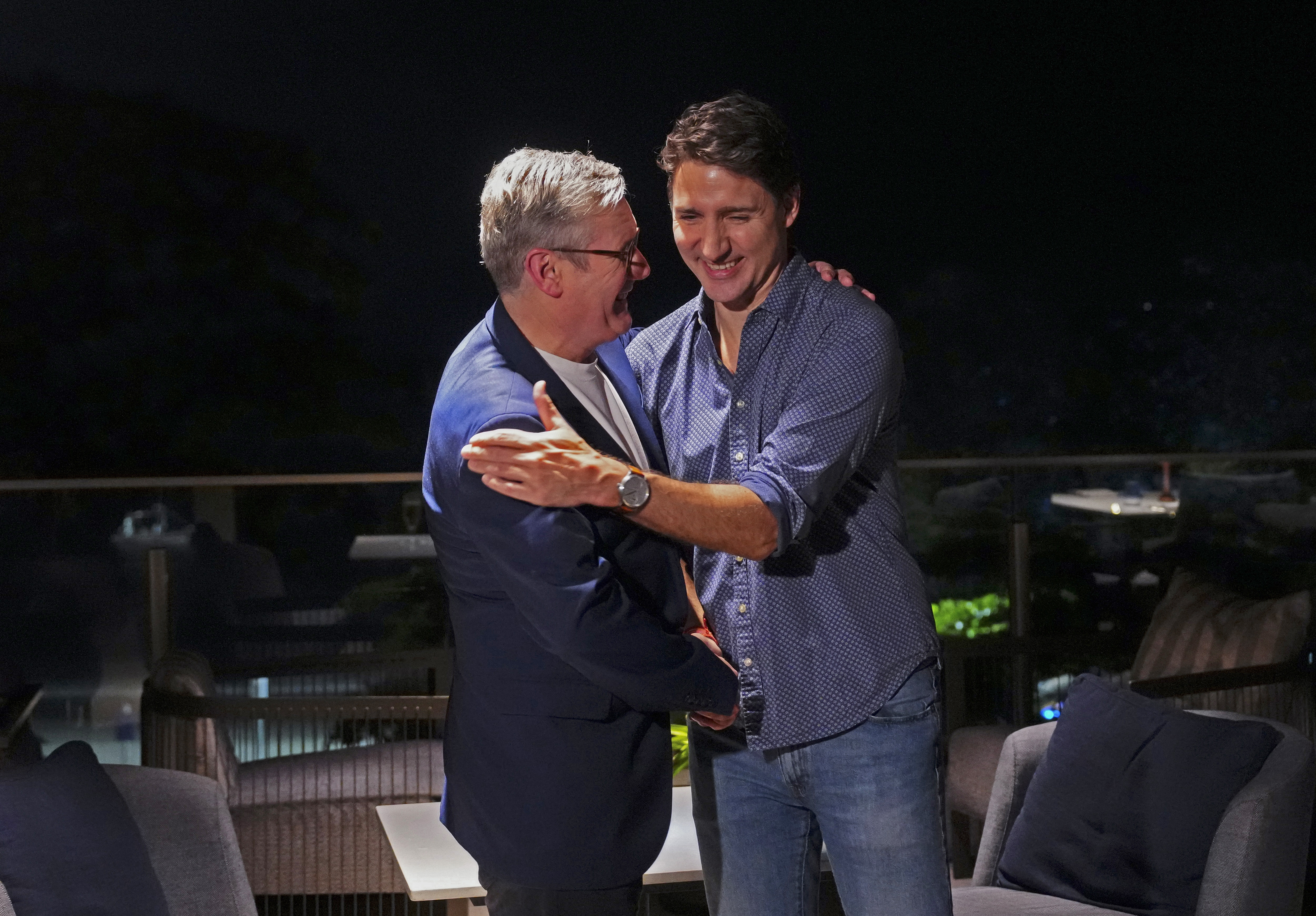 Canada's Prime Minister Justin Trudeau, right, meets with Brtain's Prime Minister Keir Starmer during the G20 Summit in Rio de Janeiro, Monday, Nov. 18, 2024. (Sean Kilpatrick/The Canadian Press via AP)