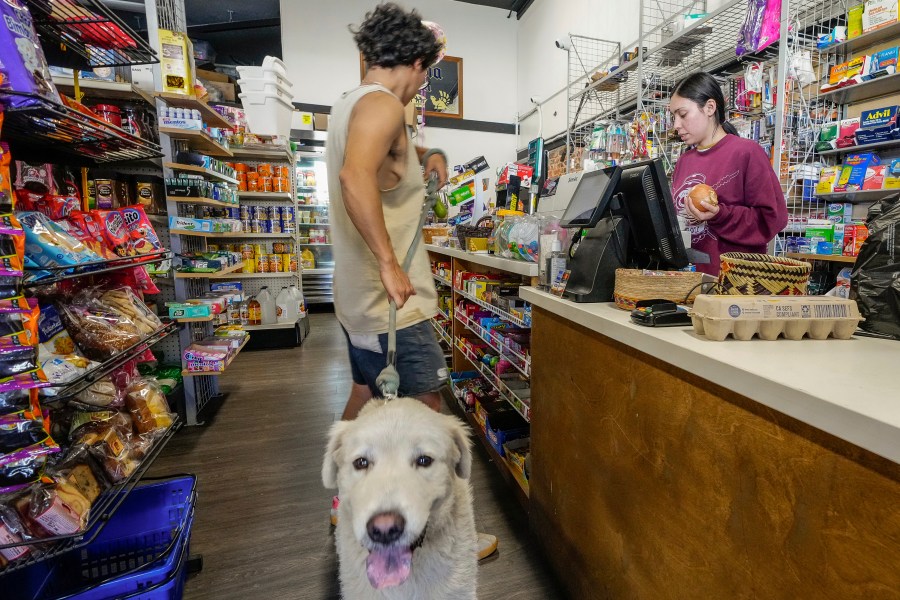 College student Jimena Sanchez, right, who studies children's development works as a part-time cashier earning minimum wage at a family store, in Los Angeles on Friday, Oct. 11, 2024. (AP Photo/Damian Dovarganes)