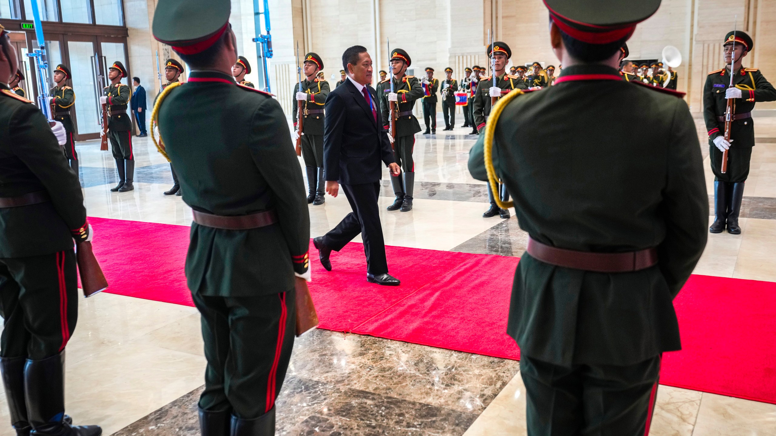 Indonesian Vice Defense Minister Donny Ermawan Taufanto arrives to attend the ASEAN Defense Ministers' Meeting in Vientiane, Laos, Wednesday, Nov. 20, 2024. (AP Photo/Anupam Nath)