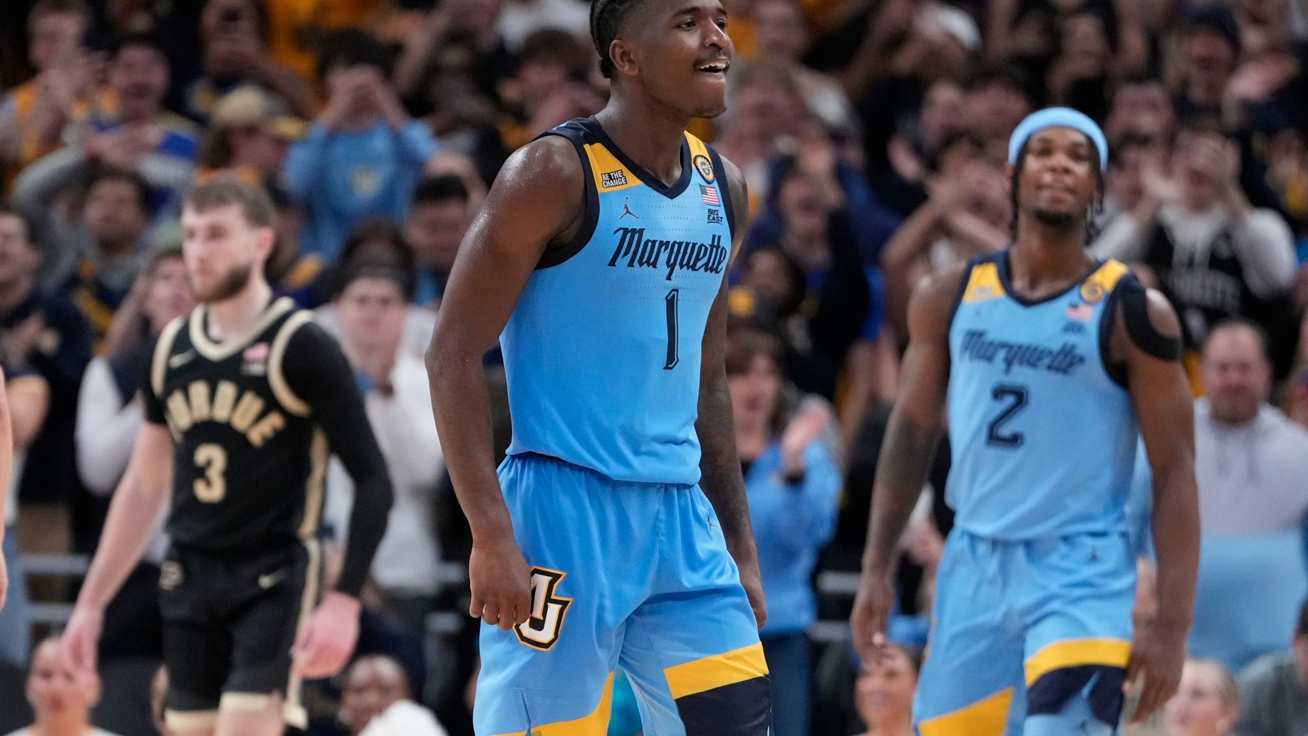 Marquette's Kam Jones reacts during the second half of an NCAA college basketball game against Purdue Tuesday, Nov. 19, 2024, in Milwaukee. Marquette won 76-58. (AP Photo/Morry Gash)