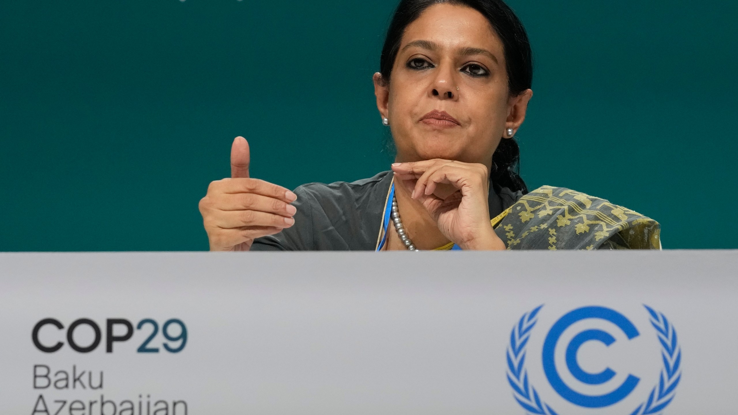 Syeda Rizwana Hasan, adviser for environment, forest and climate change of Bangladesh, speaks during a news conference at the COP29 U.N. Climate Summit, Wednesday, Nov. 20, 2024, in Baku, Azerbaijan. (AP Photo/Rafiq Maqbool)