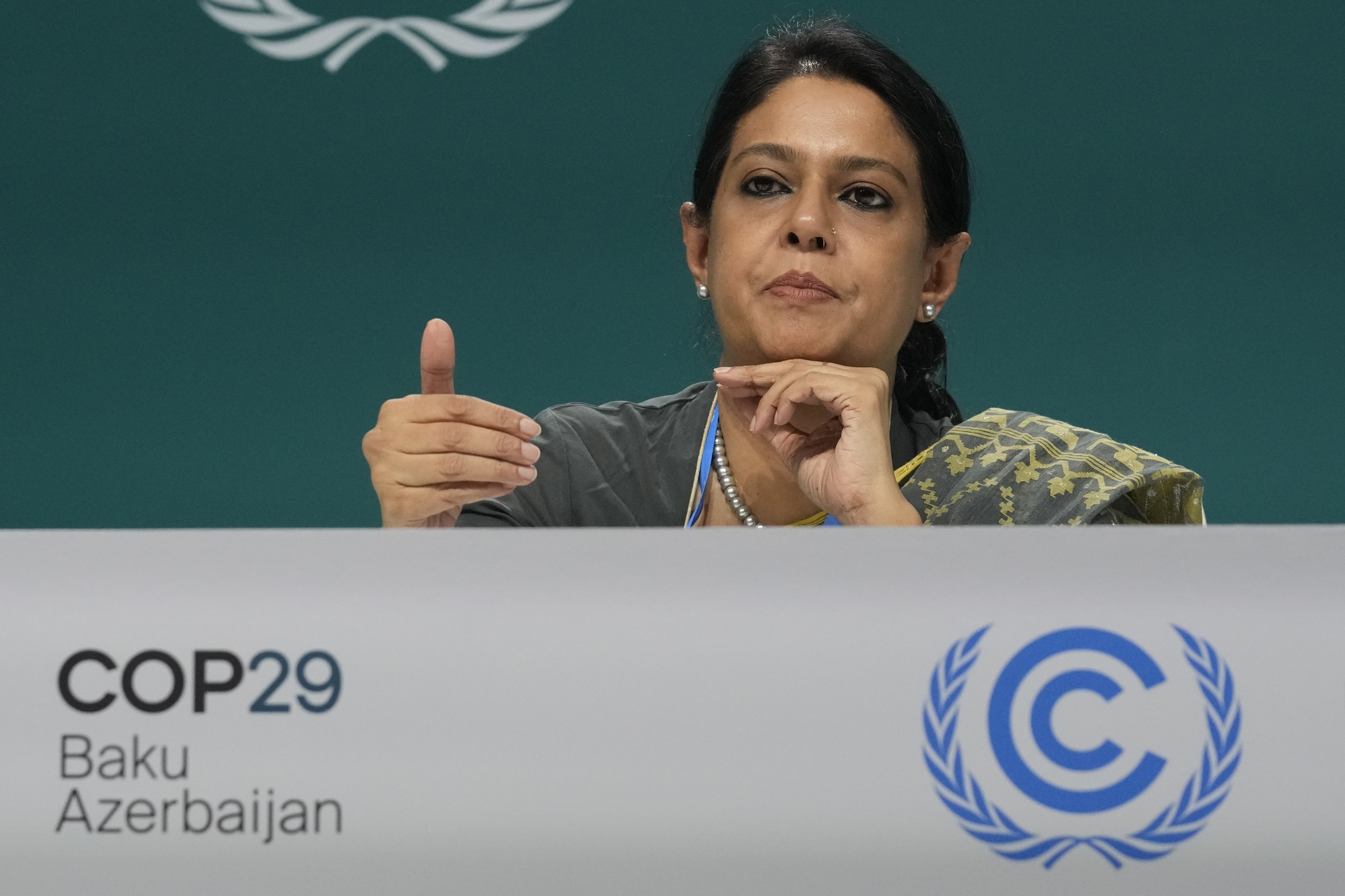 Syeda Rizwana Hasan, adviser for environment, forest and climate change of Bangladesh, speaks during a news conference at the COP29 U.N. Climate Summit, Wednesday, Nov. 20, 2024, in Baku, Azerbaijan. (AP Photo/Rafiq Maqbool)