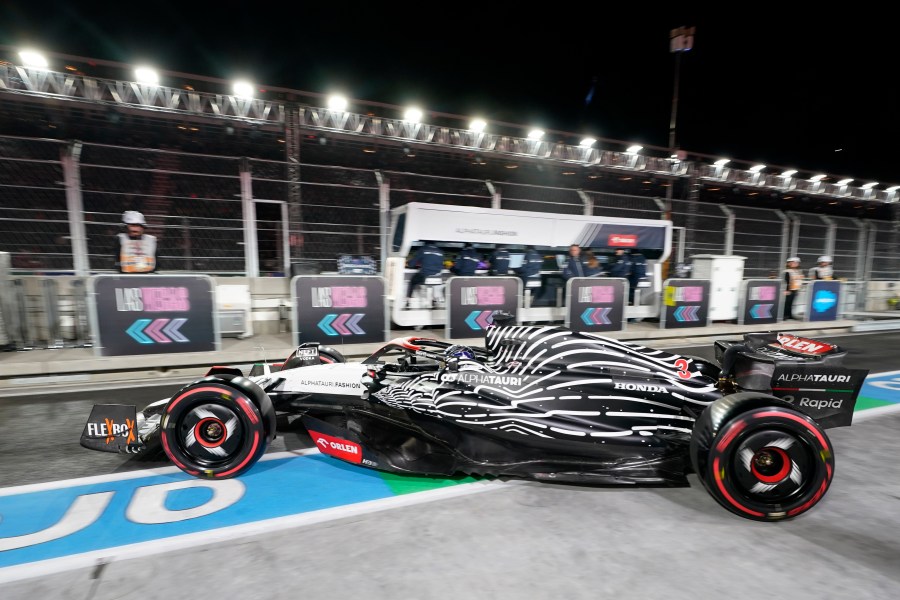 FILE - AlphaTauri driver Daniel Ricciardo, of Australia, leaves the garage during the final practice session for the Formula One Las Vegas Grand Prix auto race, Friday, Nov. 17, 2023, in Las Vegas. (AP Photo/Darron Cummings, File)