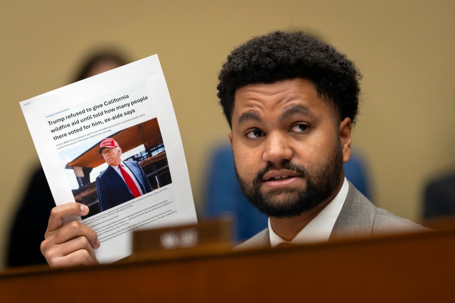 Rep. Maxwell Frost, D-Fla., addresses Administrator of the Federal Emergency Management Agency (FEMA) Deanne Criswell as she testifies in front a House Committee on Oversight and Accountability hearing on oversight of FEMA, on Capitol Hill in Washington, Tuesday, Nov. 19, 2024. (AP Photo/Ben Curtis)