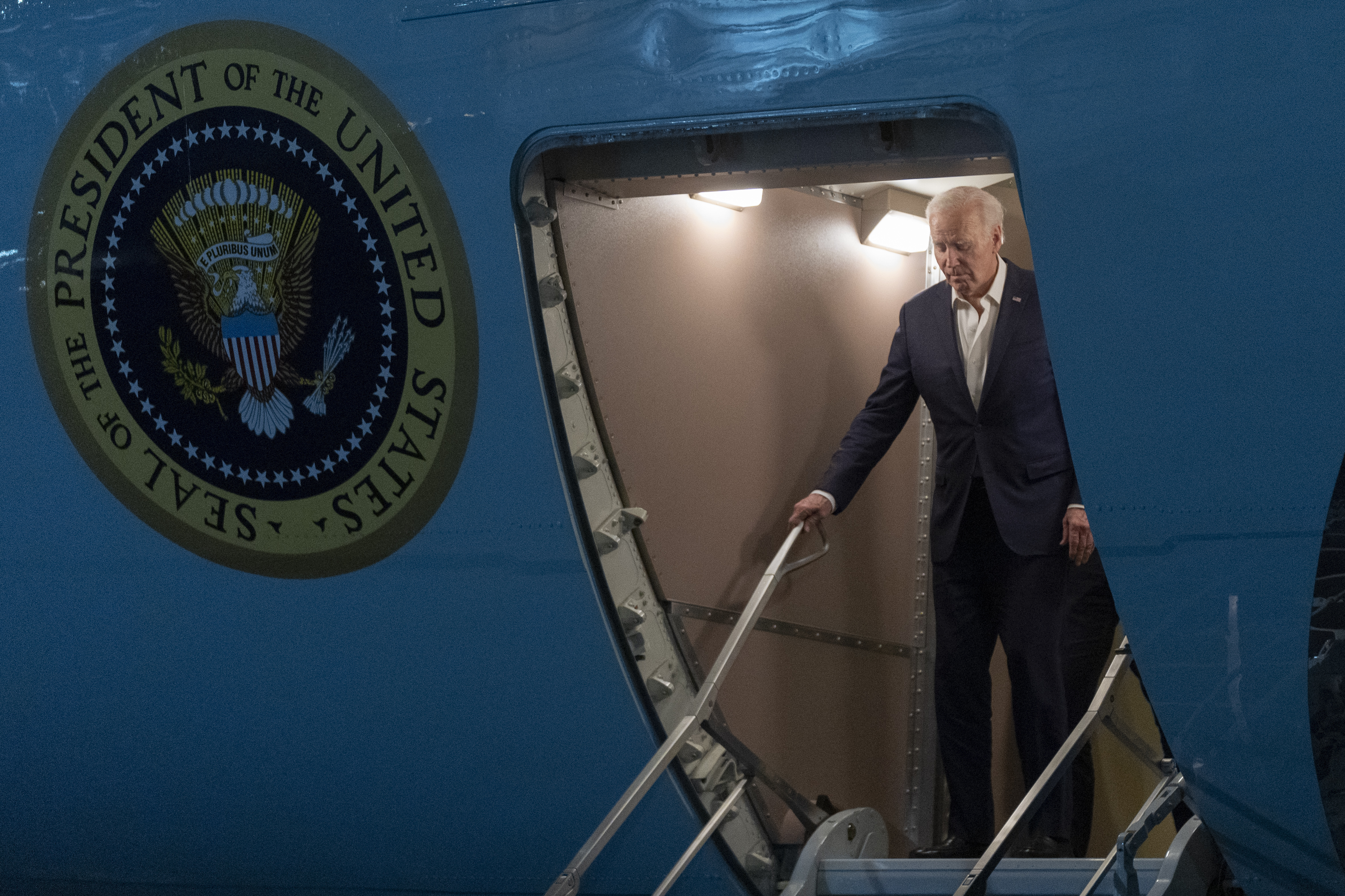 President Joe Biden arrives on Air Force One late Tuesday, Nov. 19 2024, at Joint Base Andrews, from G20 Summit in Rio de Janeiro. (AP Photo/Manuel Balce Ceneta)