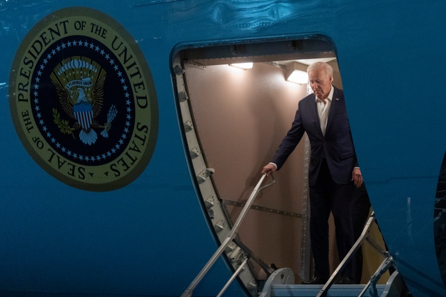 President Joe Biden arrives on Air Force One late Tuesday, Nov. 19 2024, at Joint Base Andrews, from G20 Summit in Rio de Janeiro. (AP Photo/Manuel Balce Ceneta)