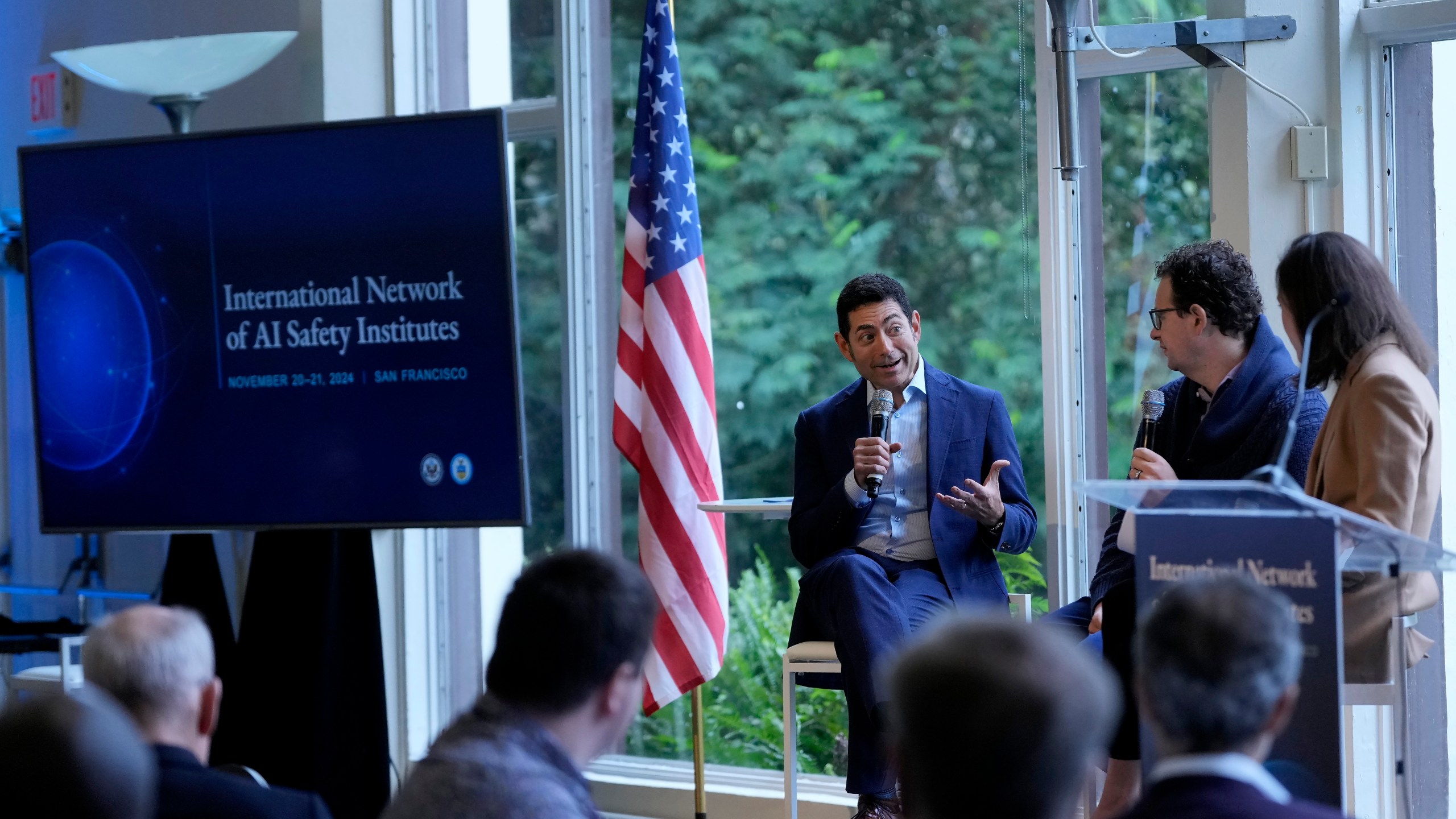 Tino Cuéllar, President of the Carnegie Endowment for International Peace, middle, speaks on a panel with Dario Amodei, CEO & Co-Founder of Anthropic, second from right, and Elizabeth Kelly, Director of the U.S. AI Safety Institute, at the convening of the International Network of AI Safety Institutes at the Golden Gate Club at the Presidio in San Francisco, Wednesday, Nov. 20, 2024. (AP Photo/Jeff Chiu)