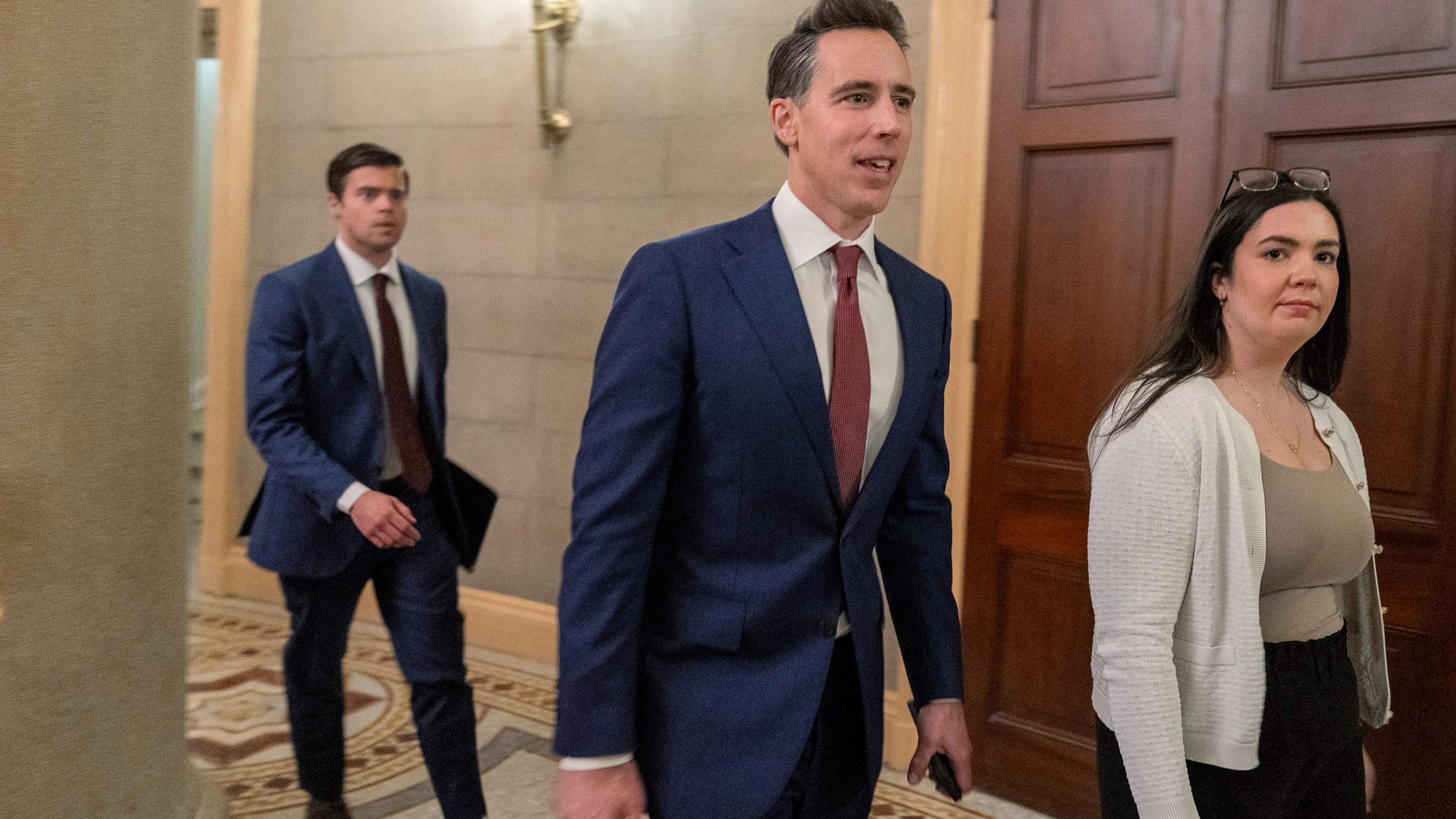 Senate Judiciary Committee Member Sen. Josh Hawley, R-Mo., leaves a meeting with former Rep. Matt Gaetz, R-Fla., President Trump's choice to be Attorney General, Wednesday, Nov. 20, 2024, on Capitol Hill in Washington. (AP Photo/Jacquelyn Martin)