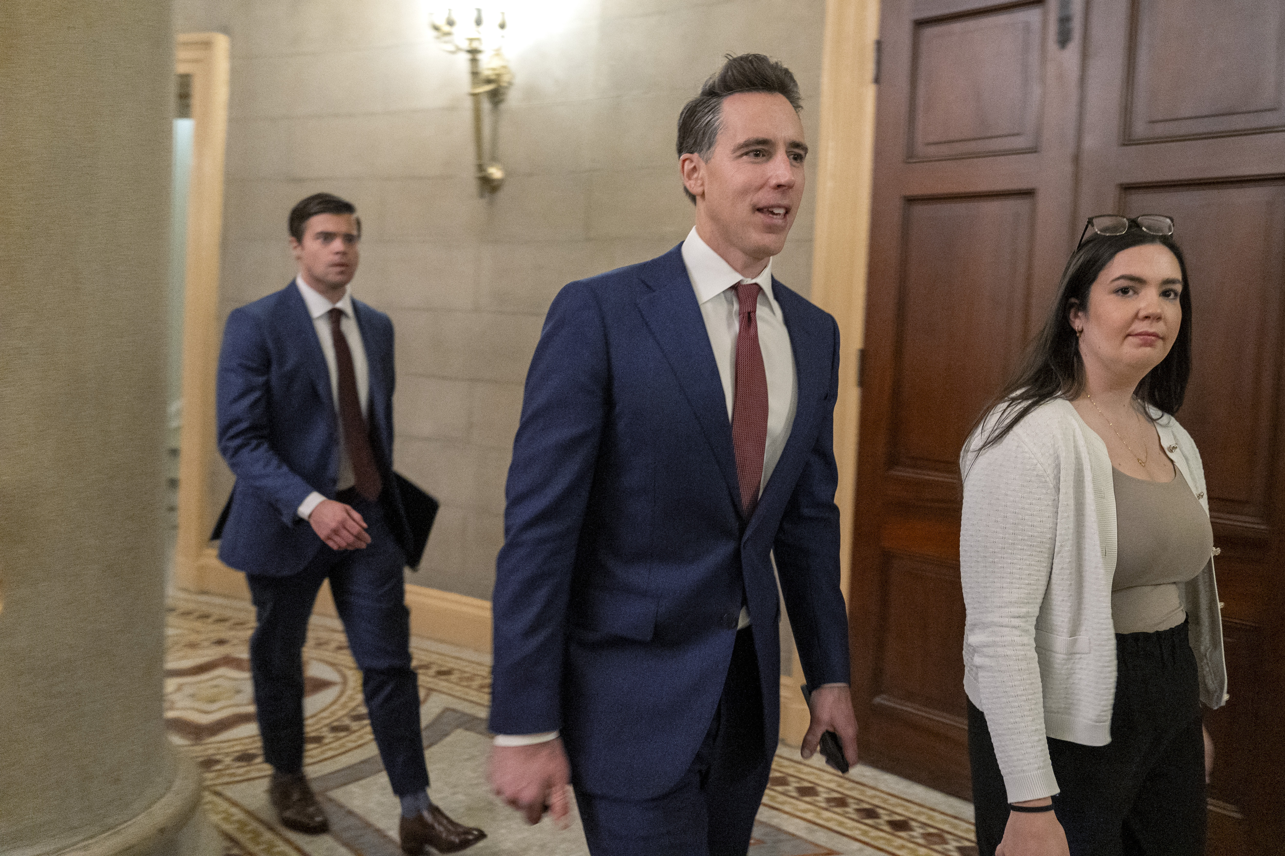 Senate Judiciary Committee Member Sen. Josh Hawley, R-Mo., leaves a meeting with former Rep. Matt Gaetz, R-Fla., President Trump's choice to be Attorney General, Wednesday, Nov. 20, 2024, on Capitol Hill in Washington. (AP Photo/Jacquelyn Martin)