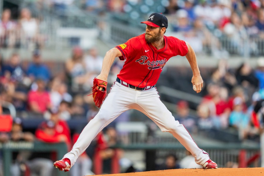 FILE - Atlanta Braves pitcher Chris Sale throws in the first inning of a baseball game, Aug. 23, 2024, in Atlanta. (AP Photo/Jason Allen, File)