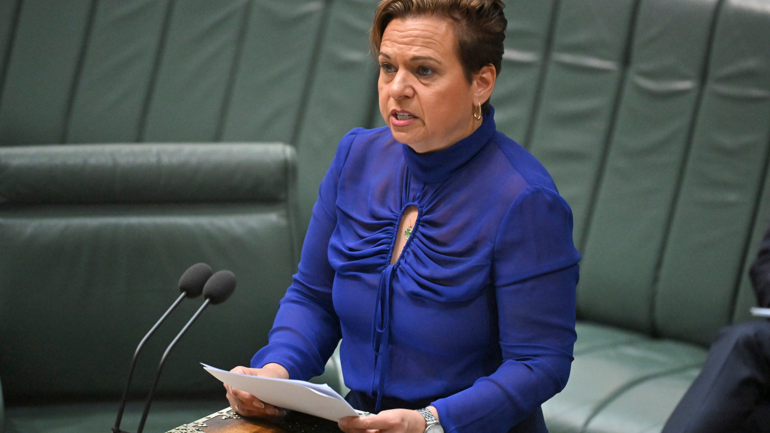 Australia's Minister for Communications, Michelle Rowland, introduces the Online Safety Amendment Bill in the House of Representatives at Parliament House in Canberra, Thursday, Nov. 21, 2024. (Mick Tsikas/AAP Image via AP)/AAP Image via AP)