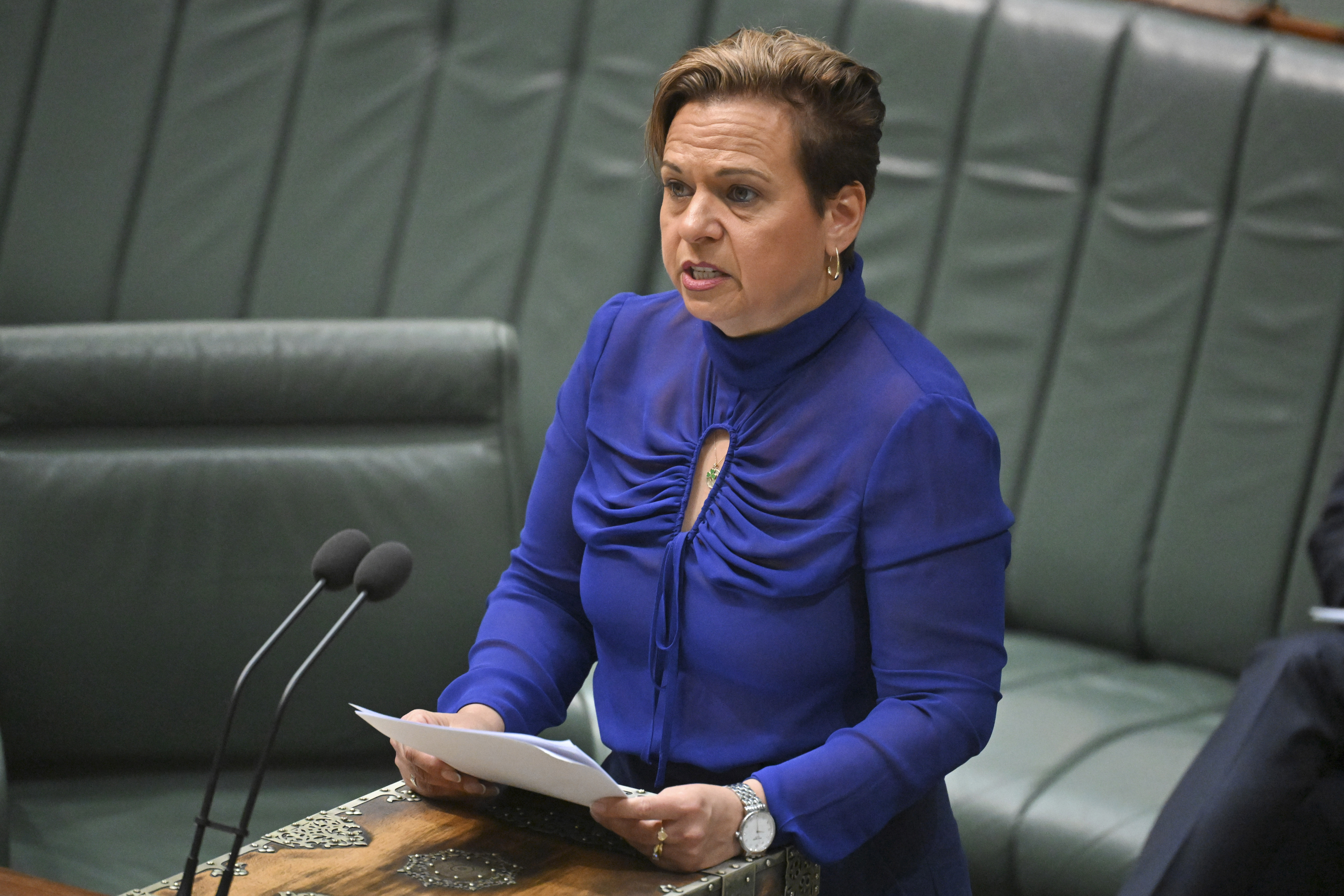 Australia's Minister for Communications, Michelle Rowland, introduces the Online Safety Amendment Bill in the House of Representatives at Parliament House in Canberra, Thursday, Nov. 21, 2024. (Mick Tsikas/AAP Image via AP)/AAP Image via AP)