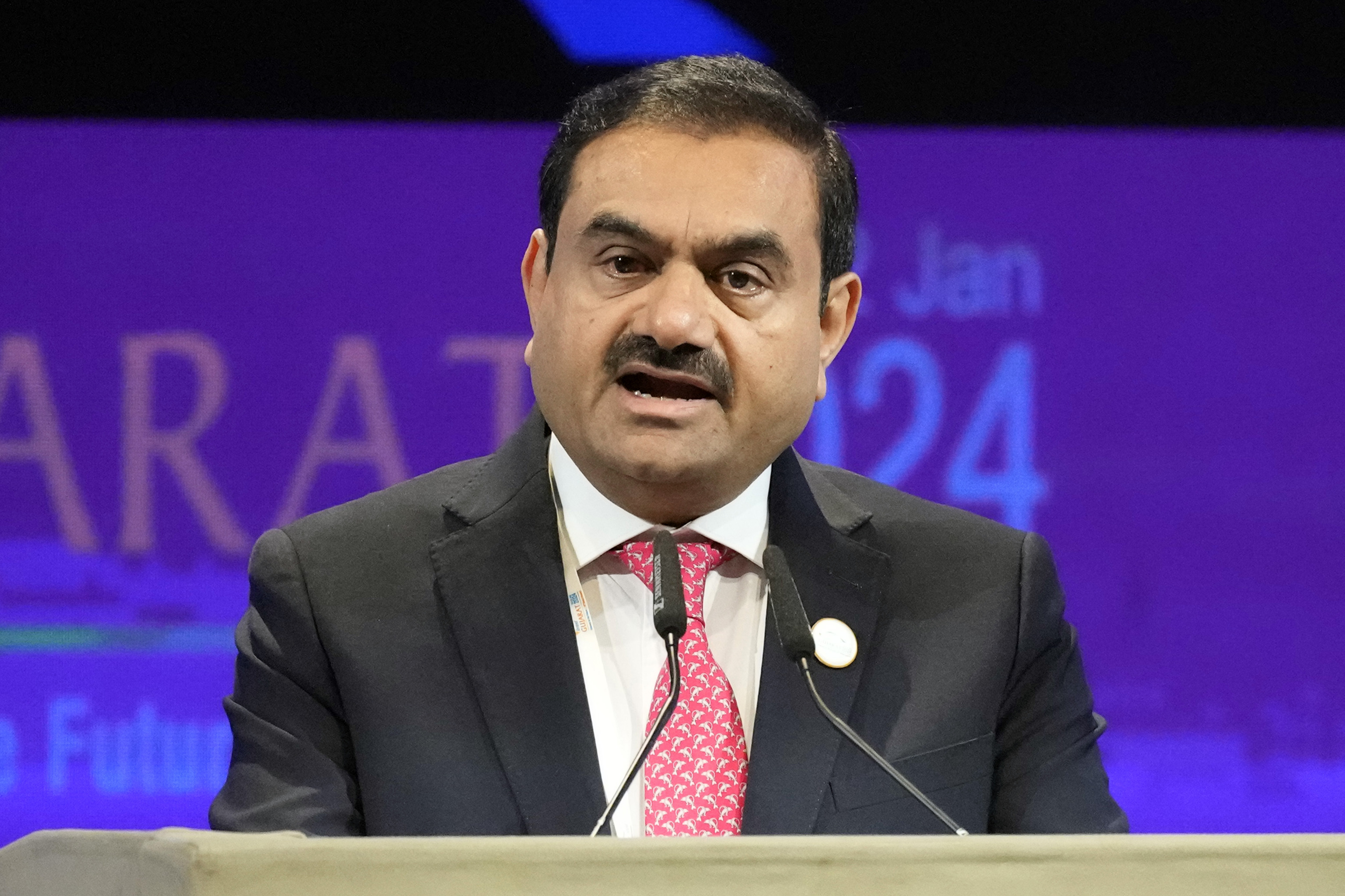 FILE - India's Adani Group Chairman Gautam Adani addresses the Vibrant Gujarat Global Summit in Gandhinagar, India, Jan.10, 2024. (AP Photo/Ajit Solanki, File)