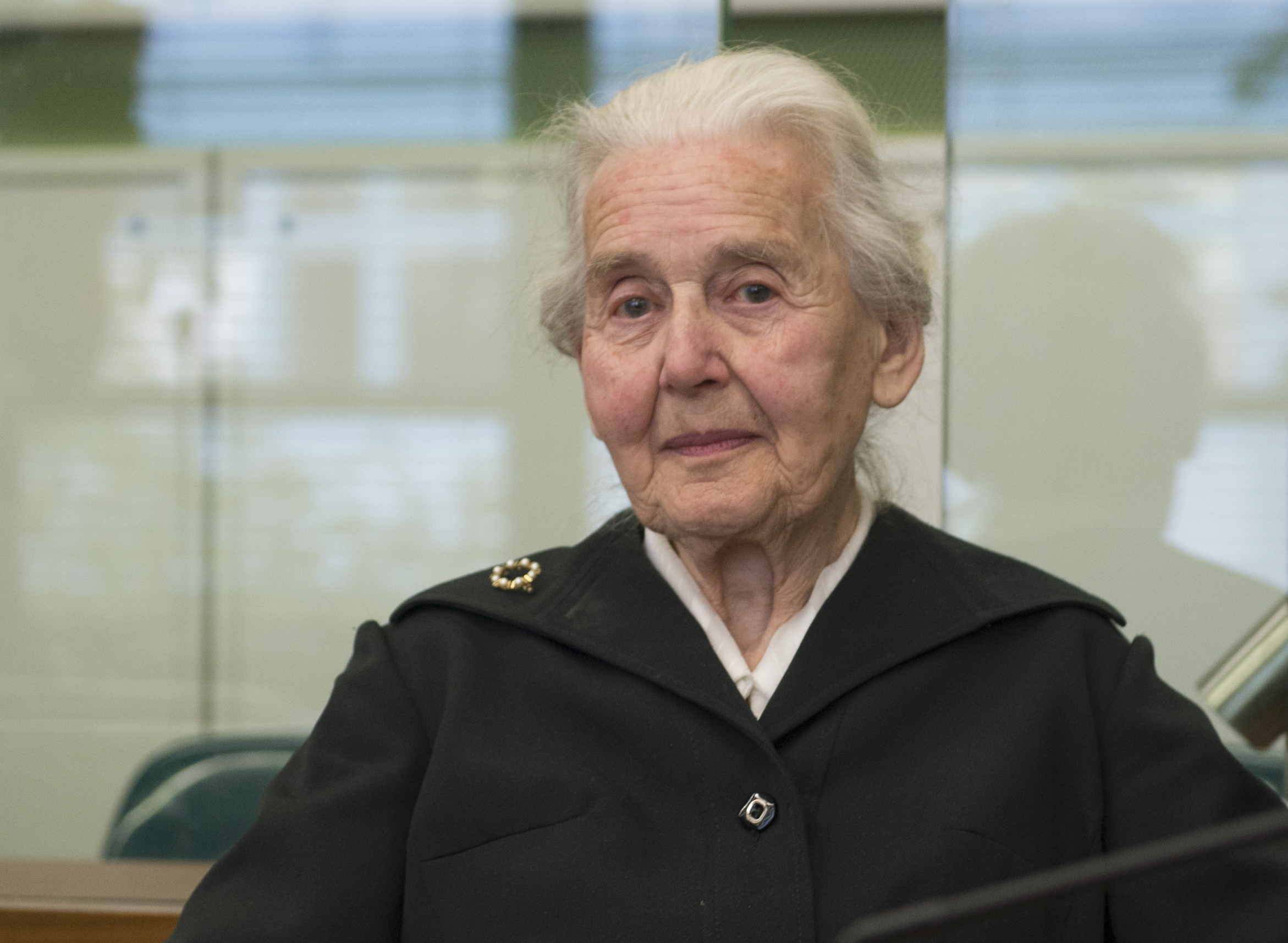 FILE -Ursula Haverbeck arrives in the Tiergarten District Court in Berlin, Germany, Oct. 16, 2017. (Paul Zinken/dpa via AP, File)