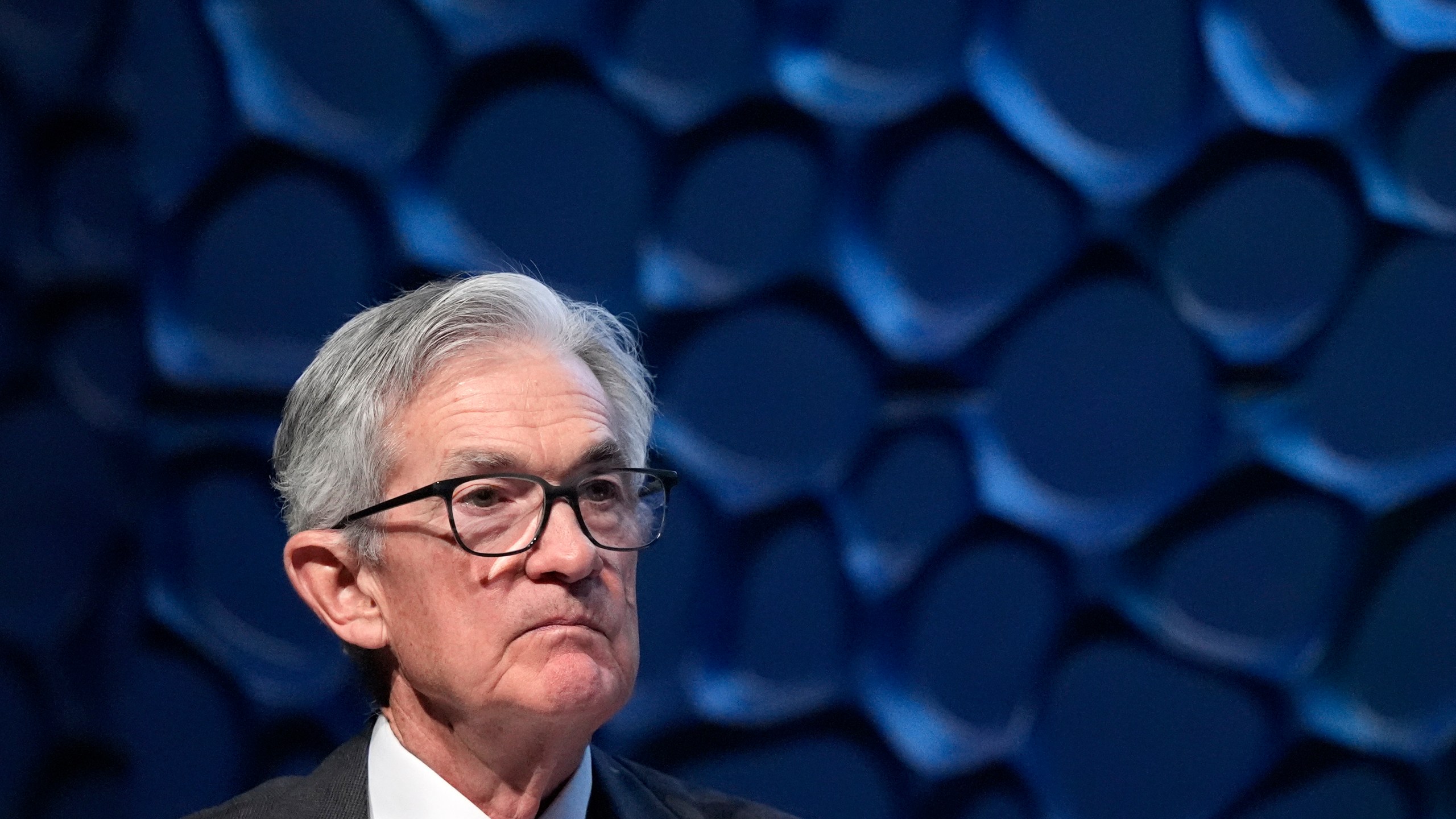 FILE - Federal Reserve Chair Jerome Powell listens to a question from a moderator during a Dallas Regional Chamber event in Music Hall at Fair Park Nov. 14, 2024, in Dallas. (AP Photo/LM Otero, File)