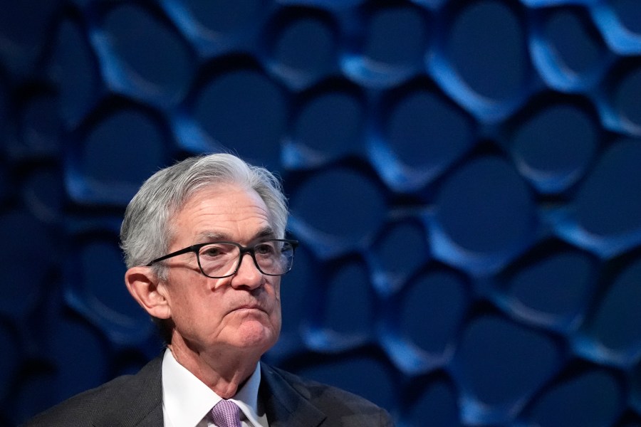 FILE - Federal Reserve Chair Jerome Powell listens to a question from a moderator during a Dallas Regional Chamber event in Music Hall at Fair Park Nov. 14, 2024, in Dallas. (AP Photo/LM Otero, File)