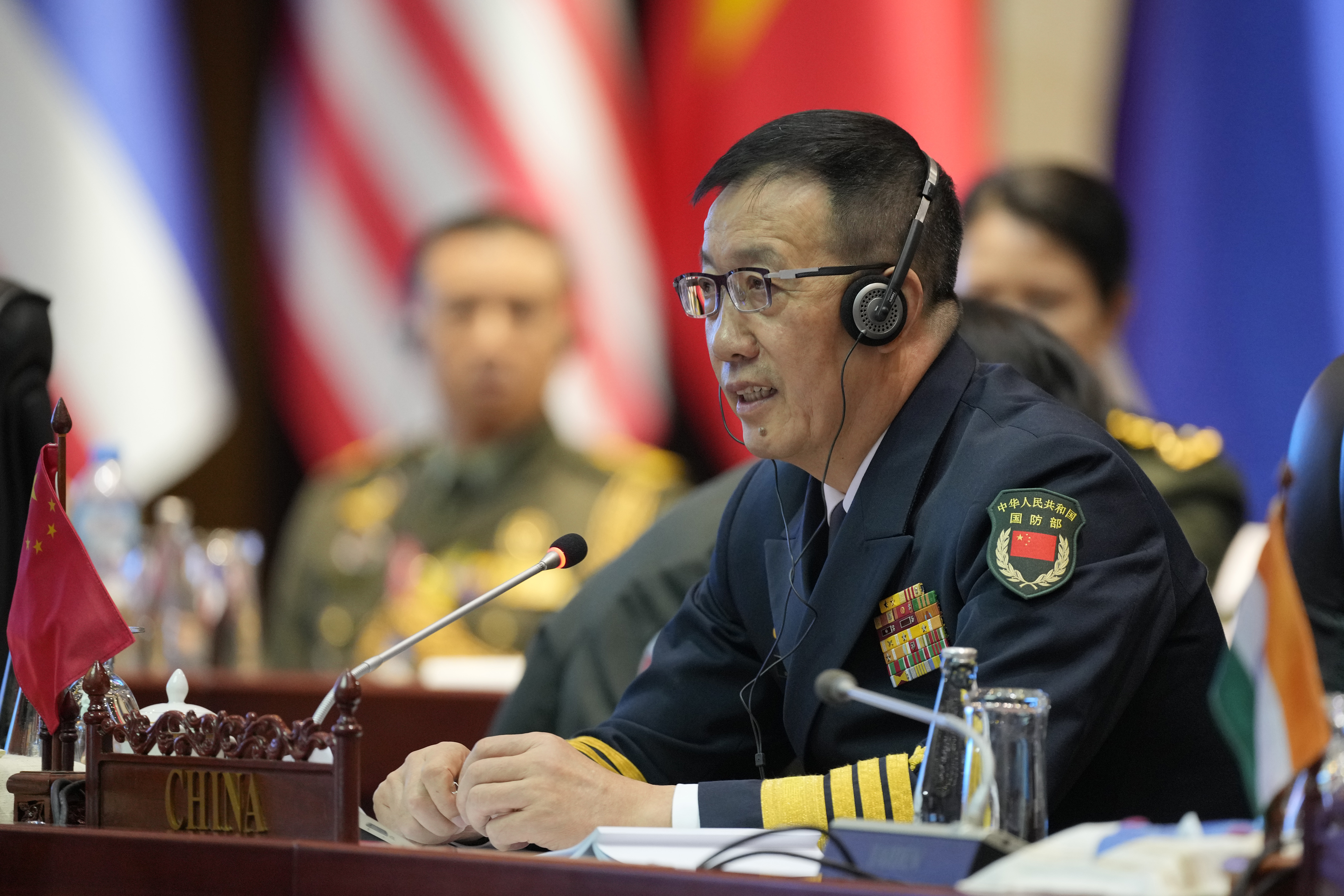 Chinese Defense Minister Dong Jun speaks during the Association of Southeast Asian Nations (ASEAN) defense ministers' meeting in Vientiane, Laos, Thursday, Nov. 21, 2024. (AP Photo/Anupam Nath)