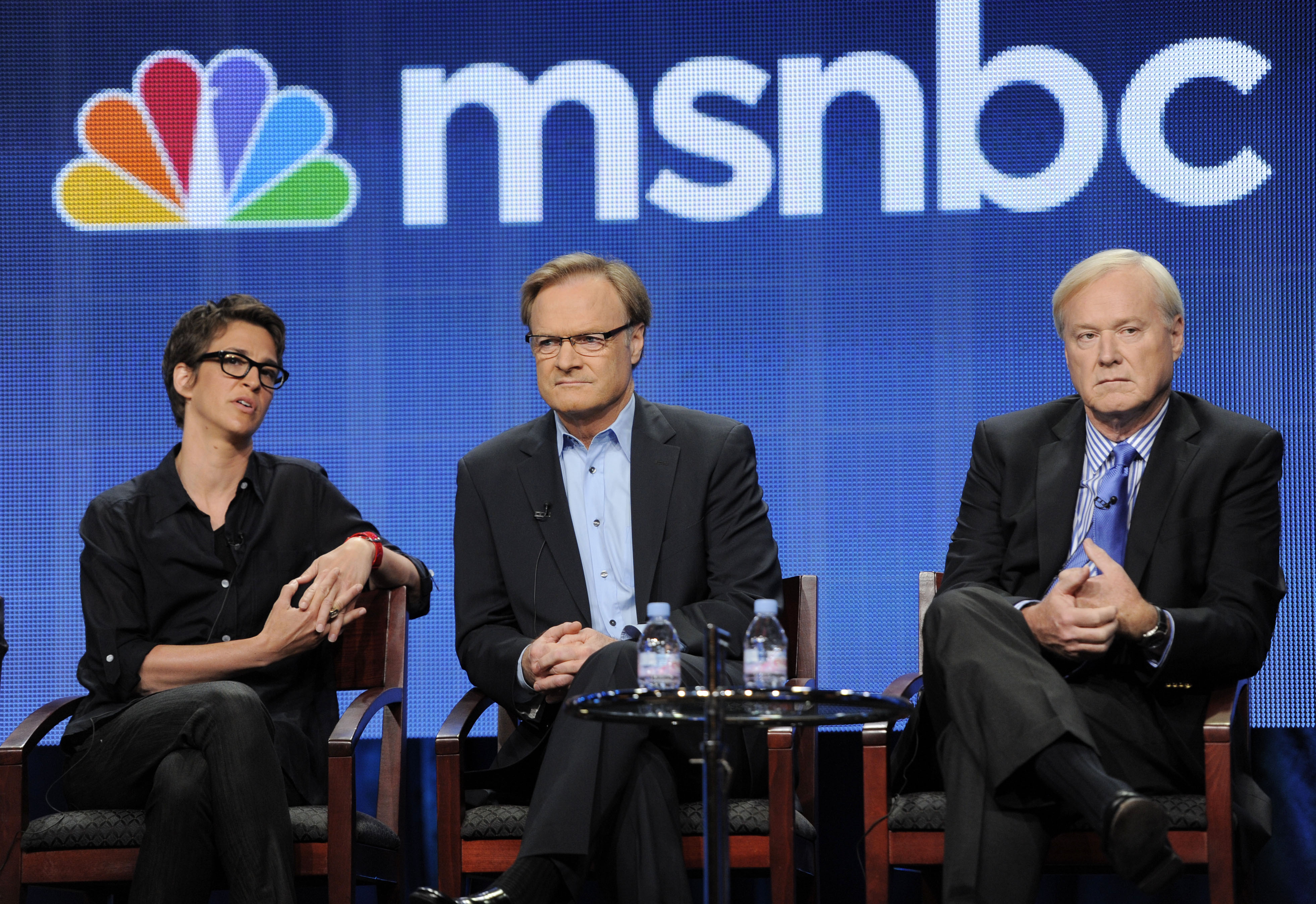 FILE - MSNBC hosts Rachel Maddow, left, Lawrence O'Donnell, center, and Chris Matthews take part in a panel discussion at the NBC Universal summer press tour, Aug. 2, 2011, in Beverly Hills, Calif. (AP Photo/Chris Pizzello, File)